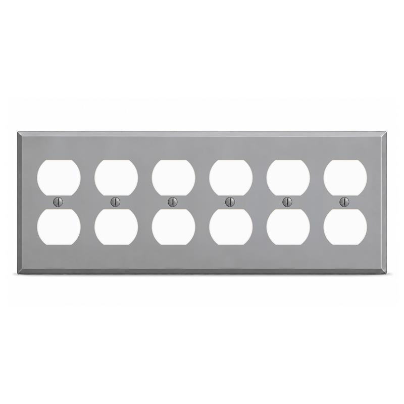 6-Gang, Standard Size, 6 Duplex Receptacles, Gray Semi-Gloss Finish, Painted Metal Wall Plate Outlet Cover - Made in USA