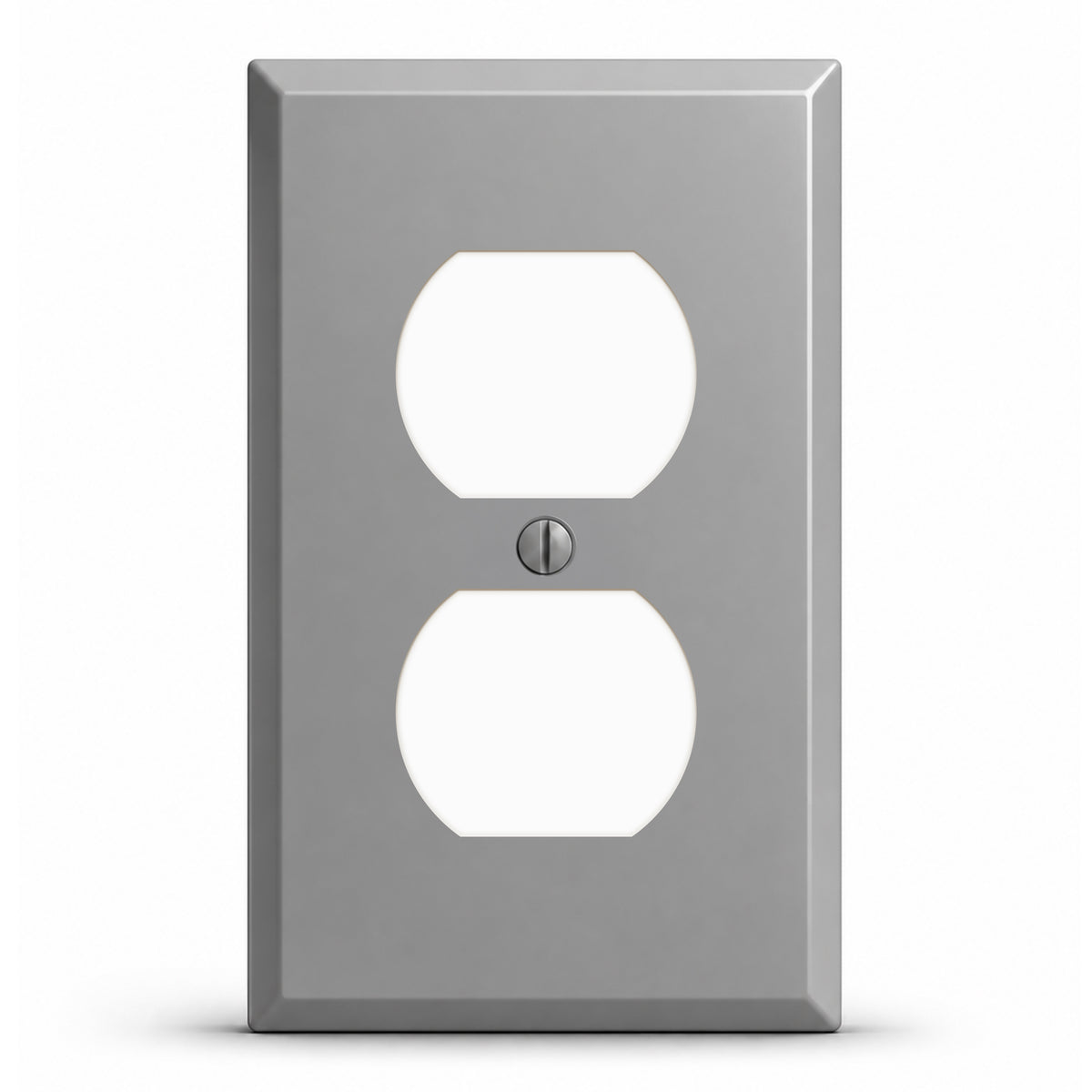 1-Gang Duplex, Standard Size, Single Round Receptacle Opening, Gray Semi-Gloss Finish Painted Metal Wallplate - Made In USA