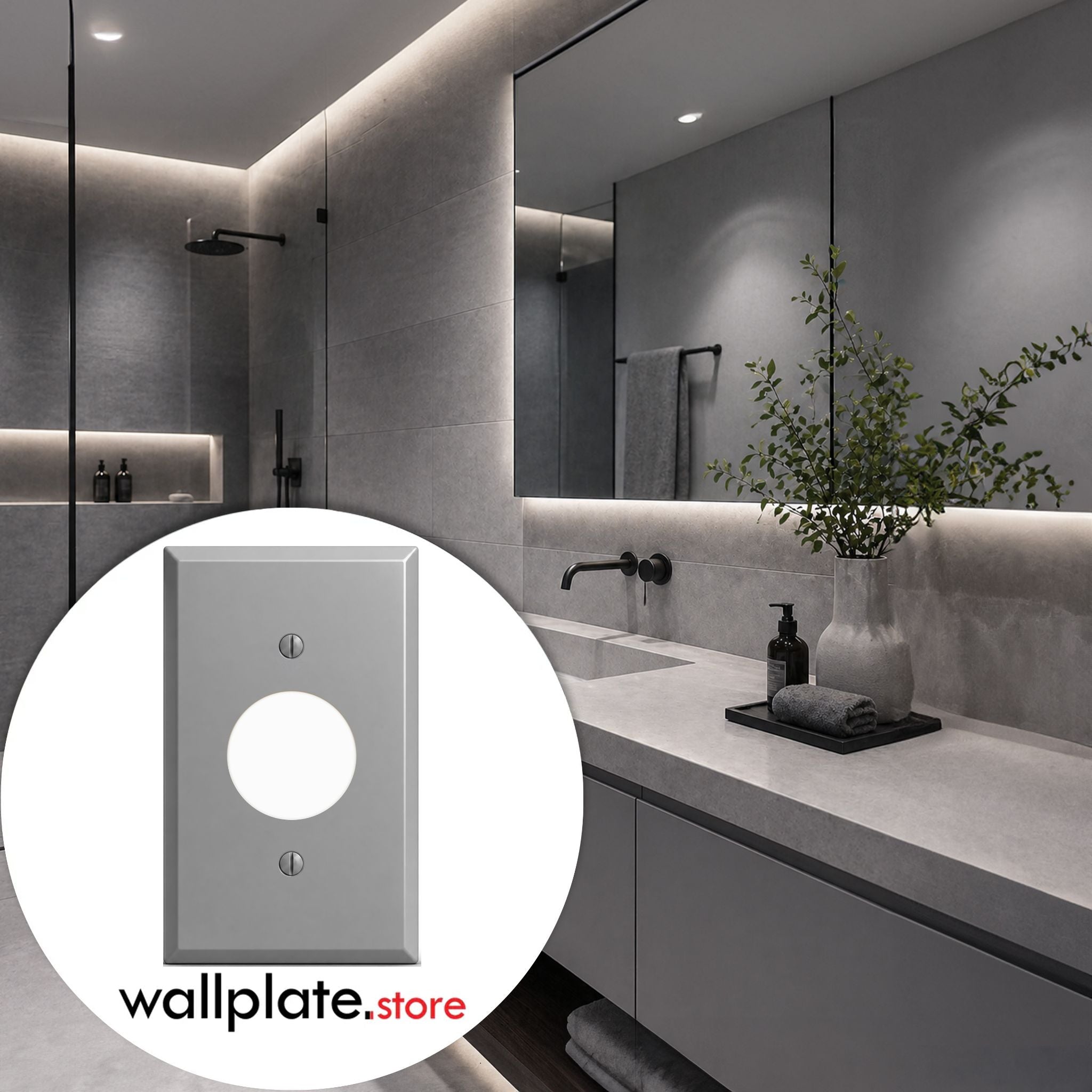 1-Gang, Standard Size, Single-Receptacle Opening, Gray Semi-Gloss Finish Painted Metal Wallplate -Made In USA