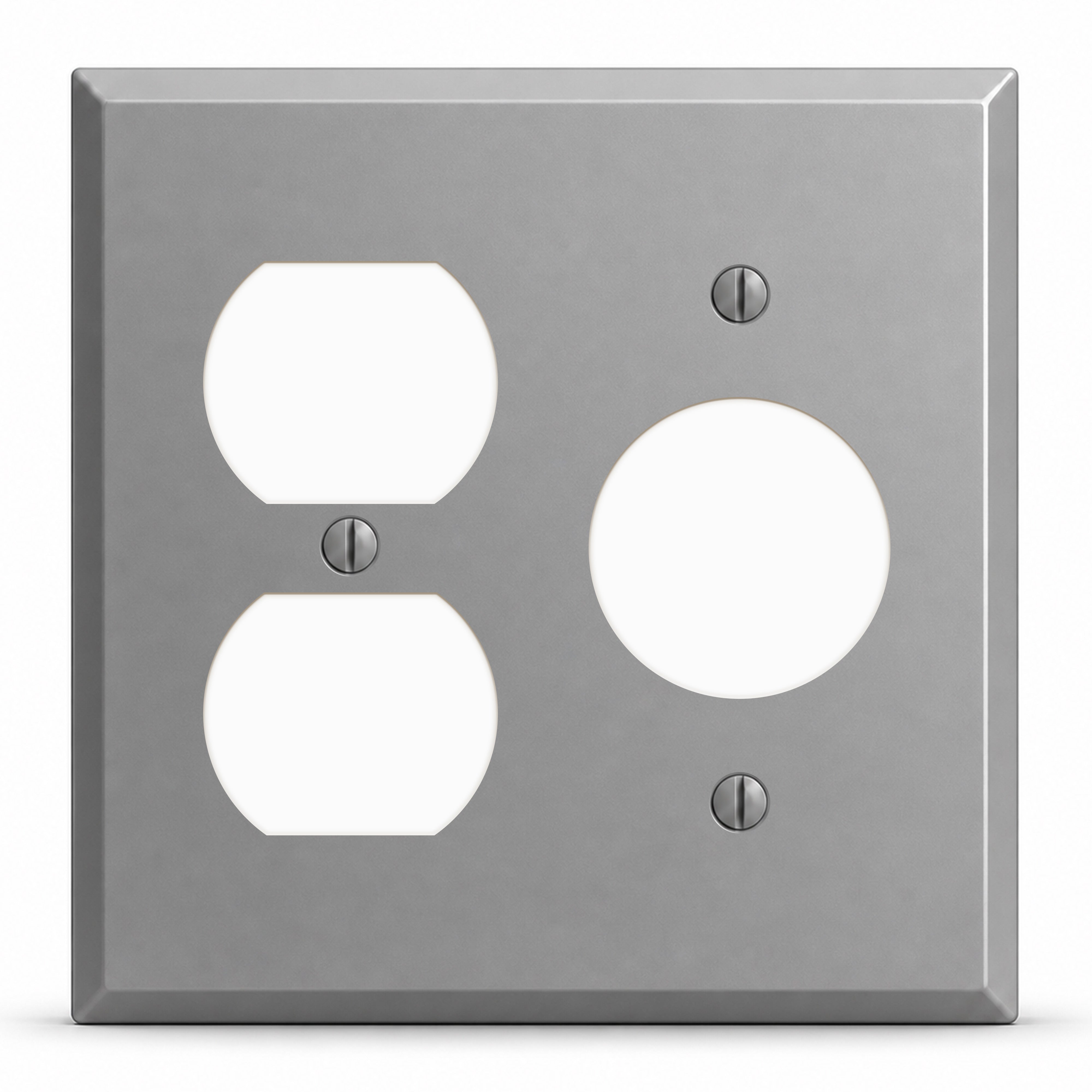 2-Gang, Standard Size, 1 Duplex, 1 Single Receptacle Opening (1.405 in. ID), Gray Semi-Gloss Finish, Painted Metal Wall Plate Outlet Cover - Made in USA