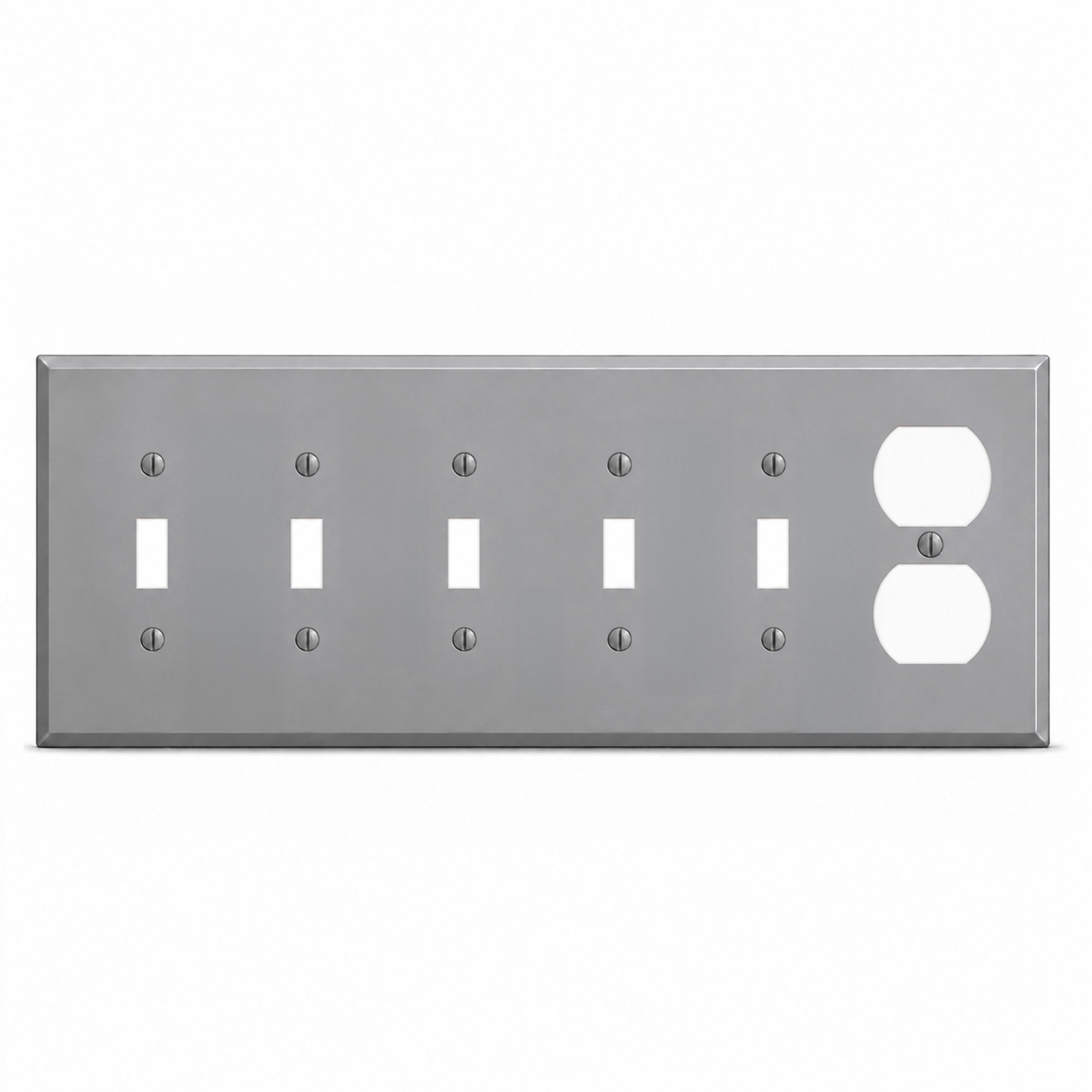6-Gang, Standard Size, 5 Toggle Switch, 1 Duplex Opening, Gray Semi-Gloss Finish, Painted Metal Wall Plate Outlet Cover - Made in USA