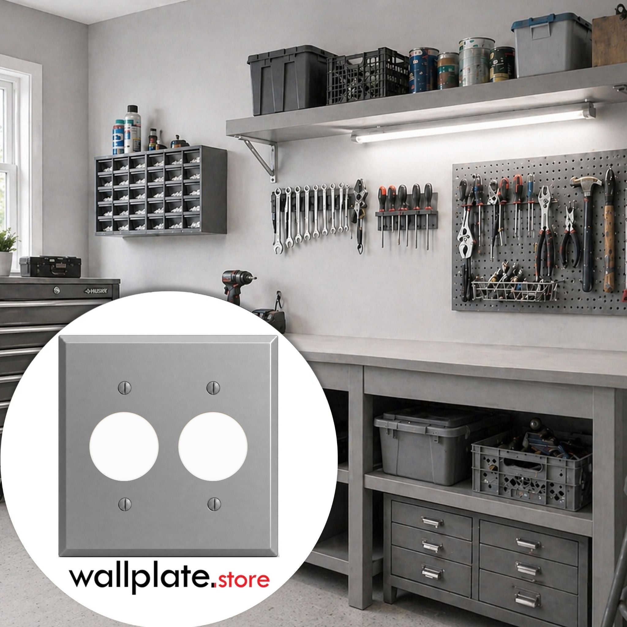 3-Gang, Standard Size, 3 Single-Receptacle Openings, Gray Semi-Gloss Finish Painted Metal Wallplate -Made In USA