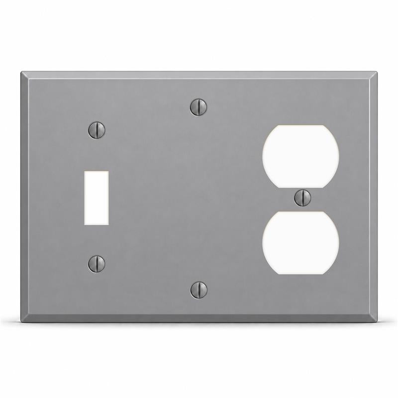 3-Gang, Standard Size, 1 Toggle, 1 Blank, 1 Duplex Opening, Gray Semi-Gloss Finish, Painted Metal Wall Plate Outlet Cover - Made in USA