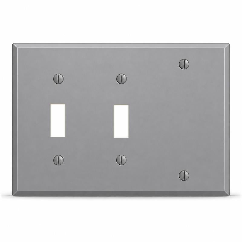 3-Gang, Standard Size, 2 Toggle Switches, 1 Blank Opening, Gray Semi-Gloss Finish, Painted Metal Wall Plate Outlet Cover - Made in USA