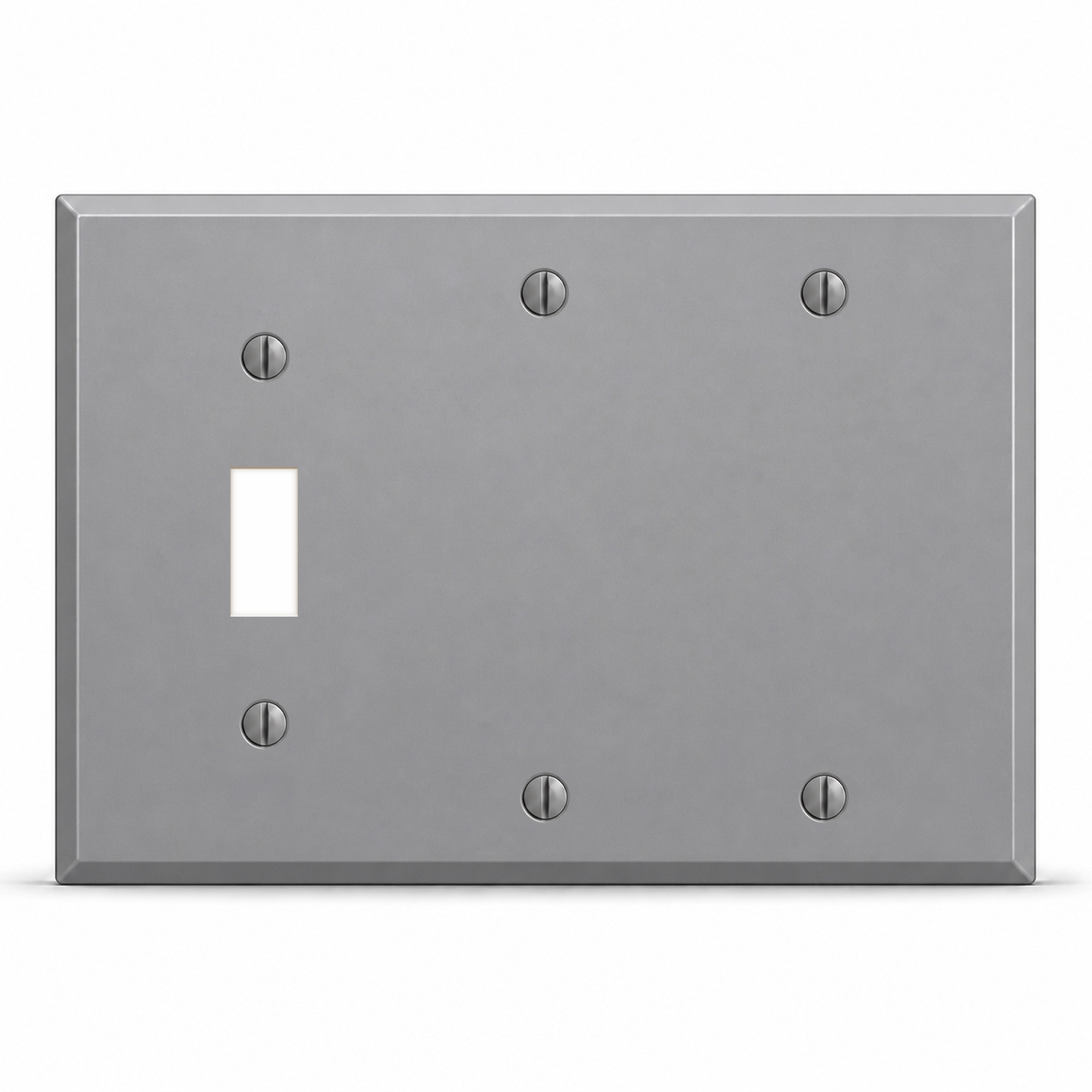 3-Gang, Standard Size, 1 Toggle Switch, 2 Blank, Gray Semi-Gloss Finish, Painted Metal Wall Plates Outlet Cover - Made in USA