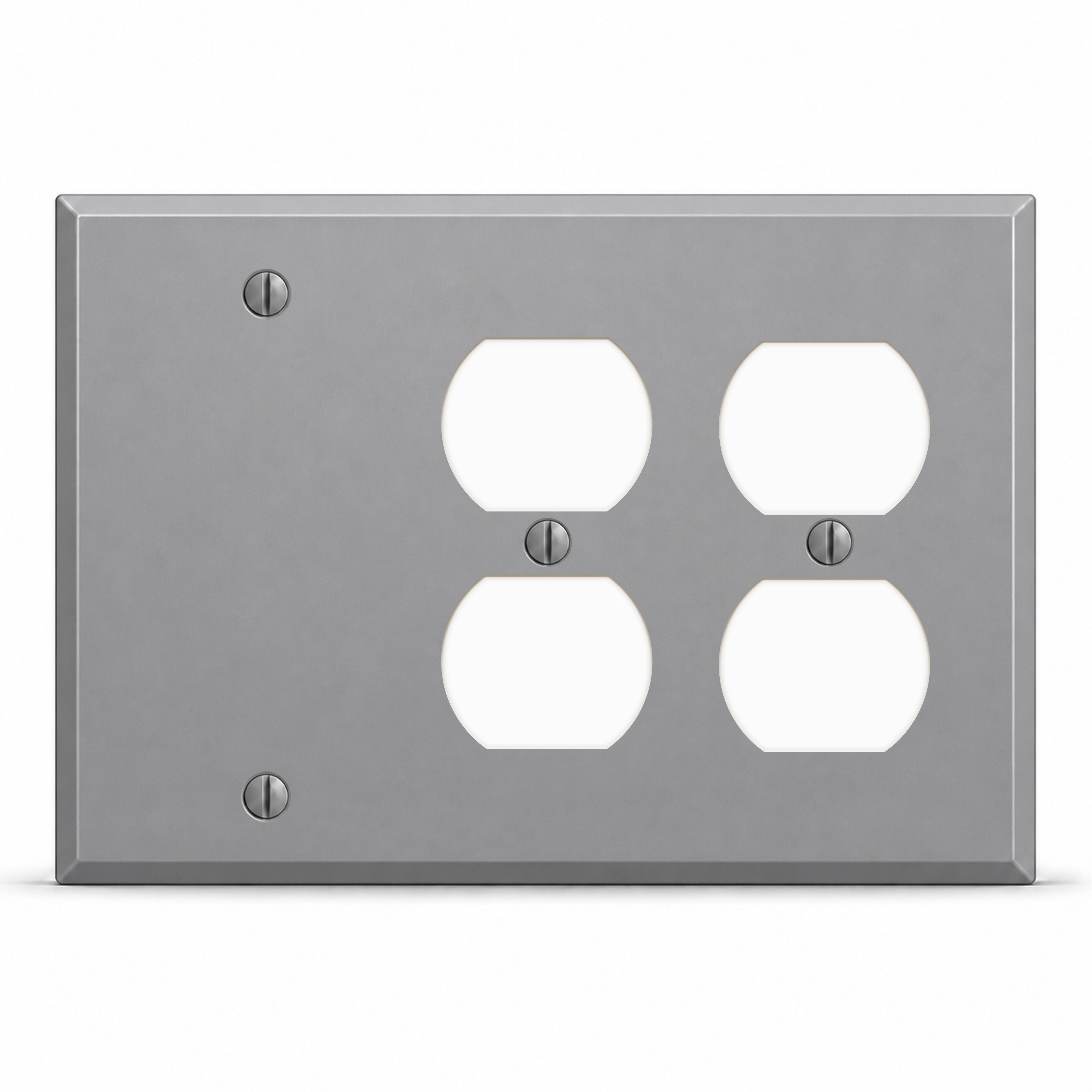 3-Gang, Standard Size, 1 Blank and 2 Duplex Receptacles, Gray Semi-Gloss Finish, Painted Metal Wall Plate Outlet Cover - Made in USA