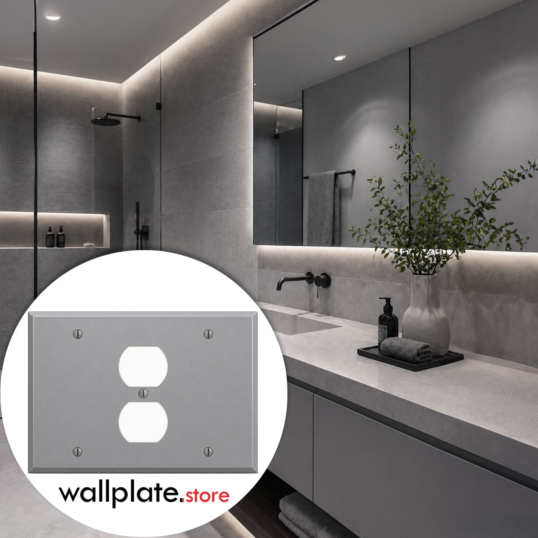 3-Gang, Standard Size, 1 Blank, 1 Duplex, 1 Blank, Gray Semi-Gloss Finish, Painted Metal Wall Plate Outlet Cover - Made in USA