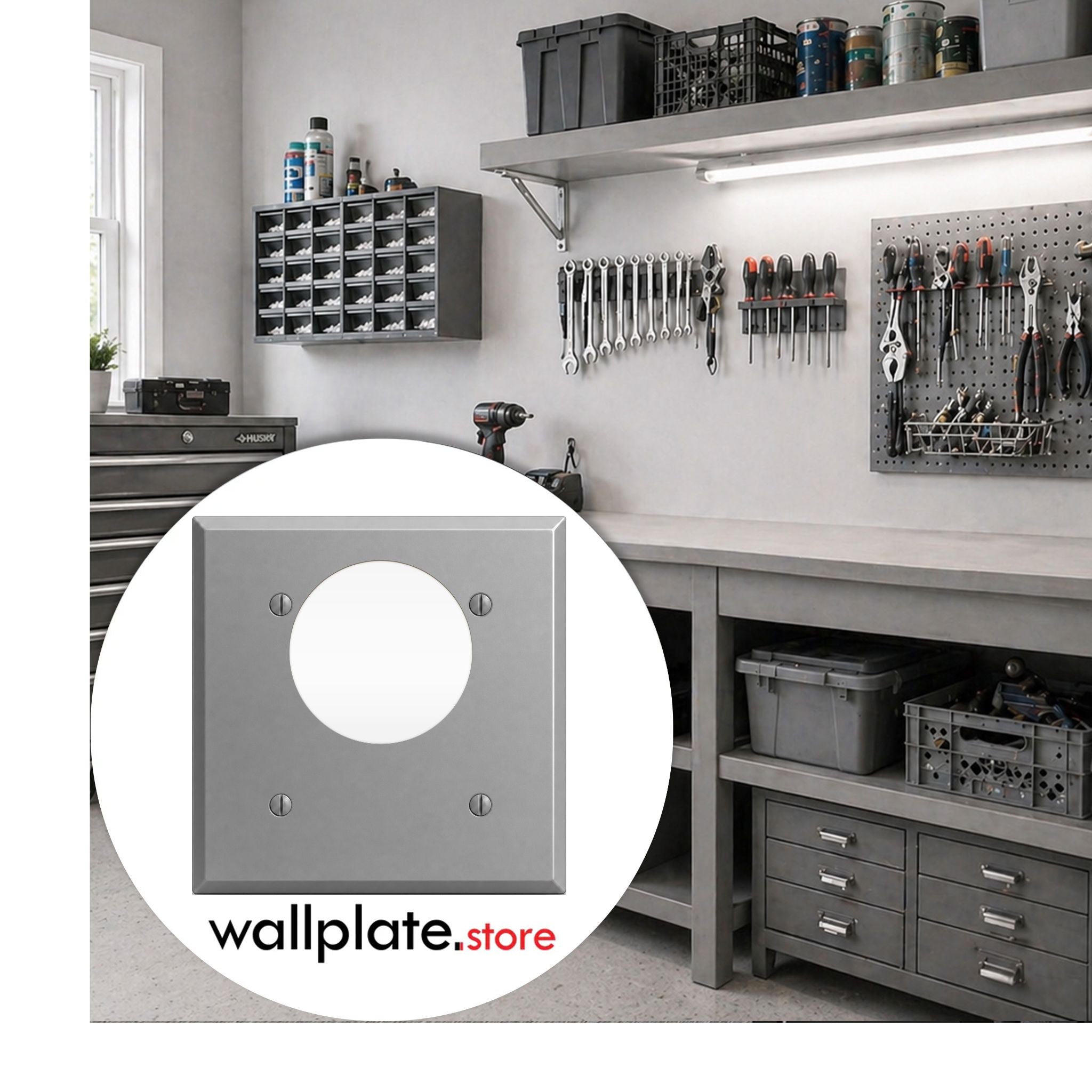 2-Gang, Standard Size, 1 30/50/60A 3 & 4 Wire Round Receptacle Opening (2.480 in. ID), Centered, Gray Semi-Gloss Finish, Painted Metal Wall Plate Outlet Cover - Made in USA