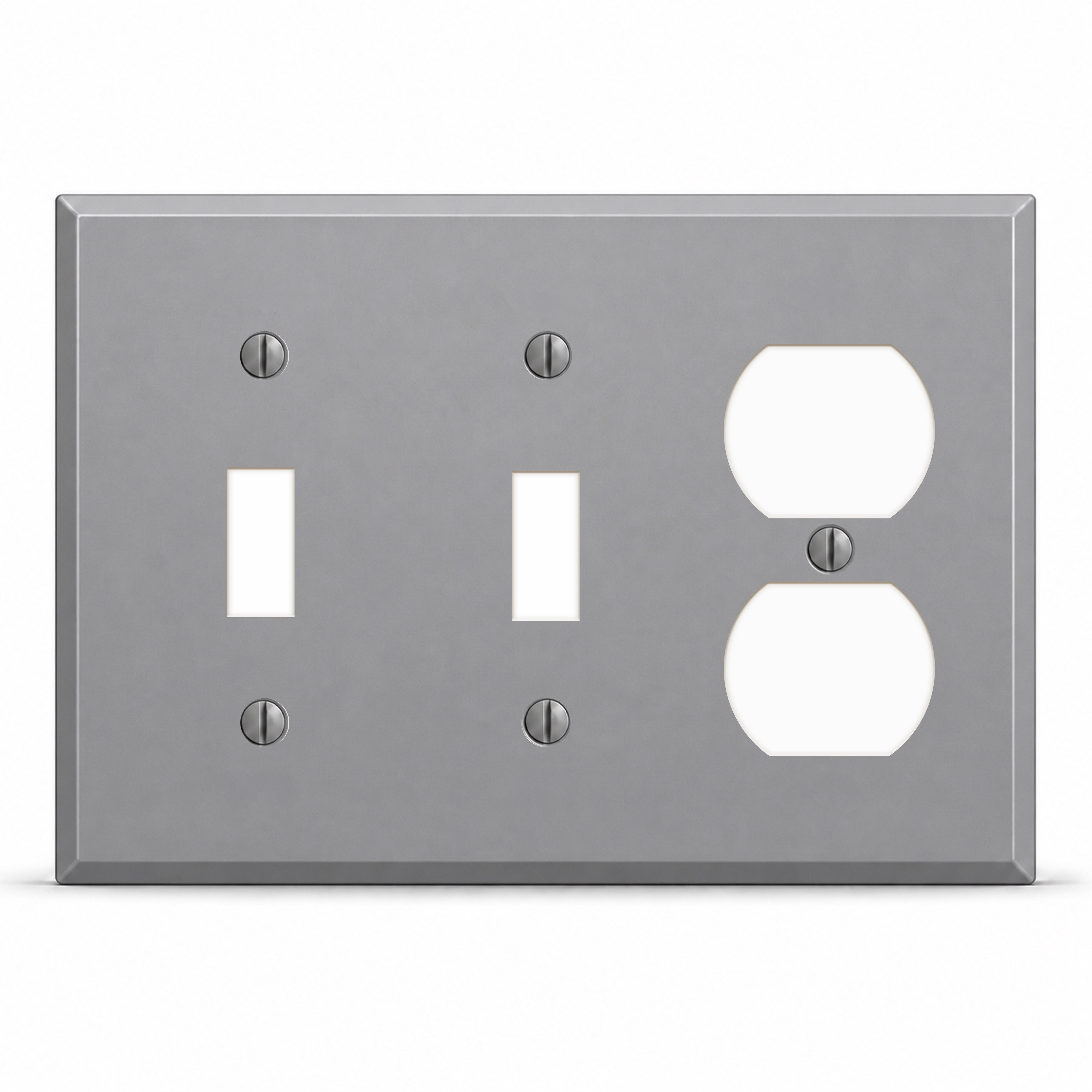 3-Gang, Standard Size, 2 Toggle Switch, 1 Duplex Opening, Gray Semi-Gloss Finish, Painted Metal Wall Plate Outlet Cover - Made in USA