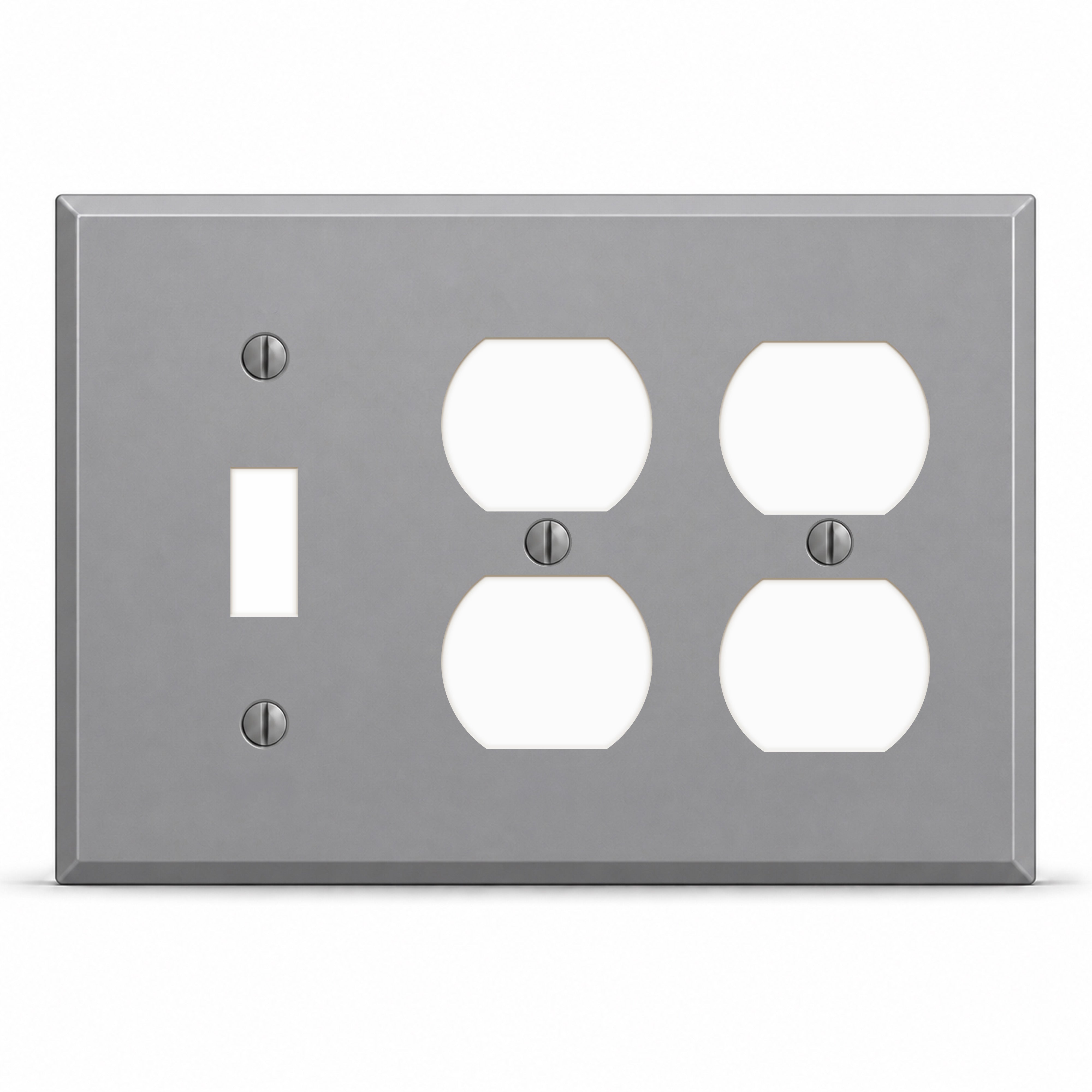 3-Gang, Standard Size, 1 Toggle Switch Opening, 2 Duplex Openings, Gray Semi-Gloss Finish, Painted Metal Wall Plate Outlet Cover - Made in USA