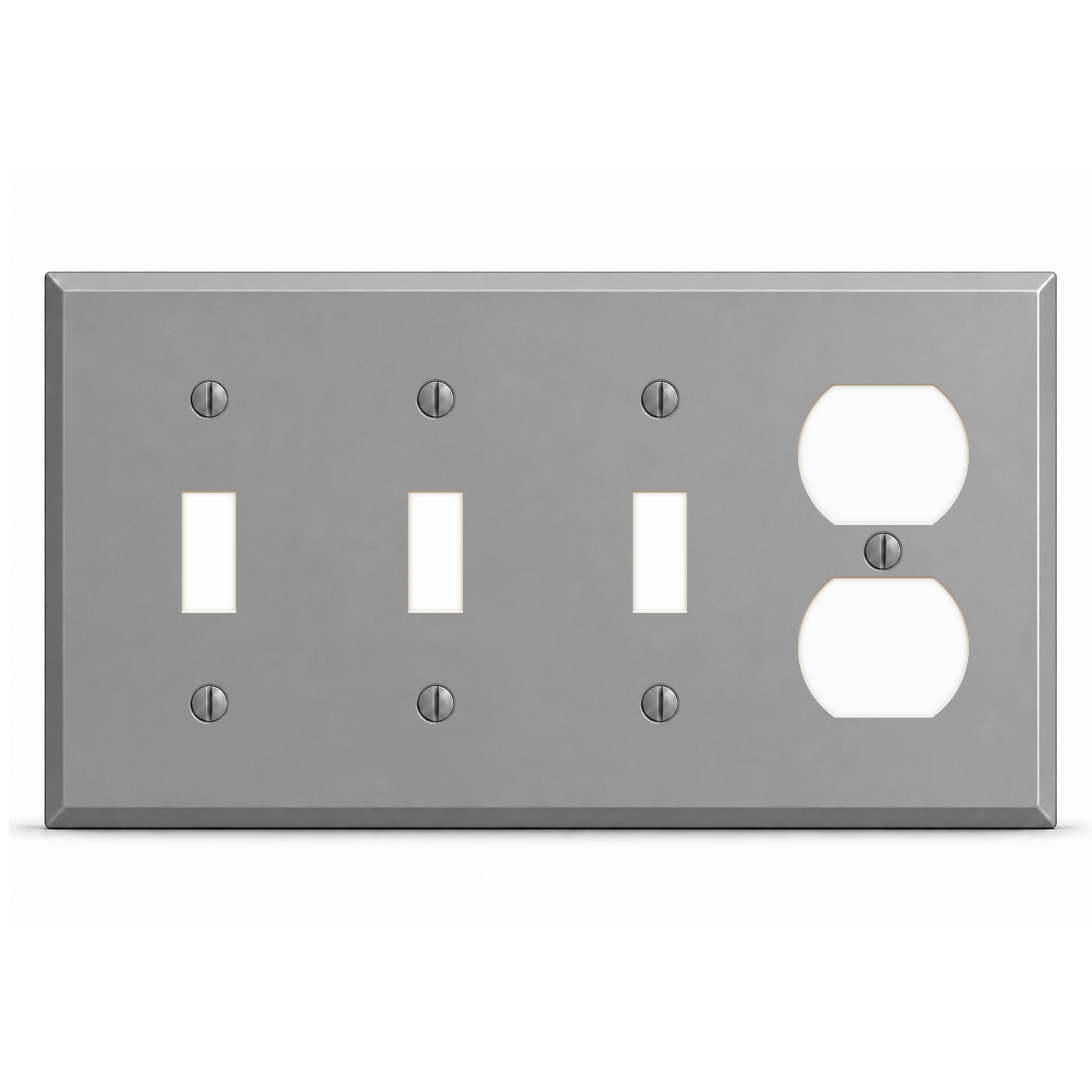 4-Gang, Standard Size, 3 Toggle Switch, 1 Duplex Opening, Gray Semi-Gloss Finish, Painted Metal Wall Plate Outlet Cover - Made in USA