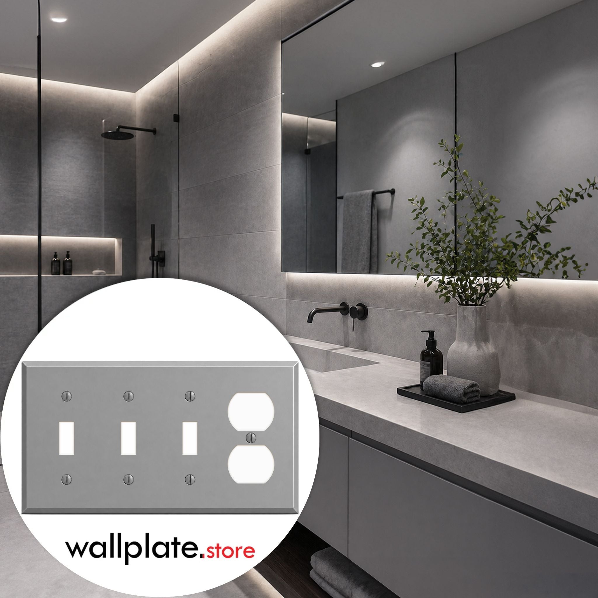 4-Gang, Standard Size, 3 Toggle Switch, 1 Duplex Opening, Gray Semi-Gloss Finish, Painted Metal Wall Plate Outlet Cover - Made in USA