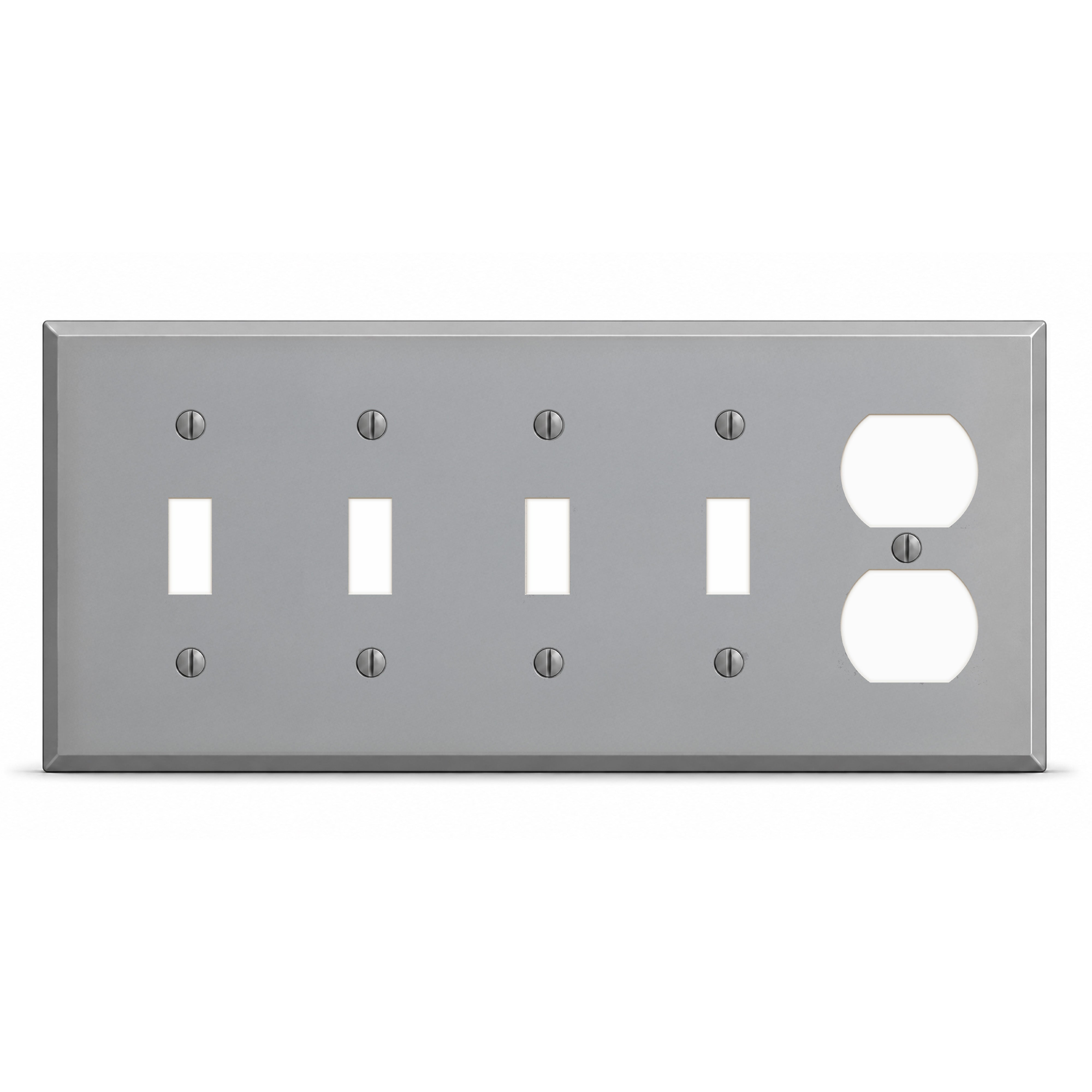 5-Gang, Standard Size, 4 Toggle Switch, 1 Duplex Opening, Gray Semi-Gloss Finish, Painted Metal Wall Plate Outlet Cover - Made in USA