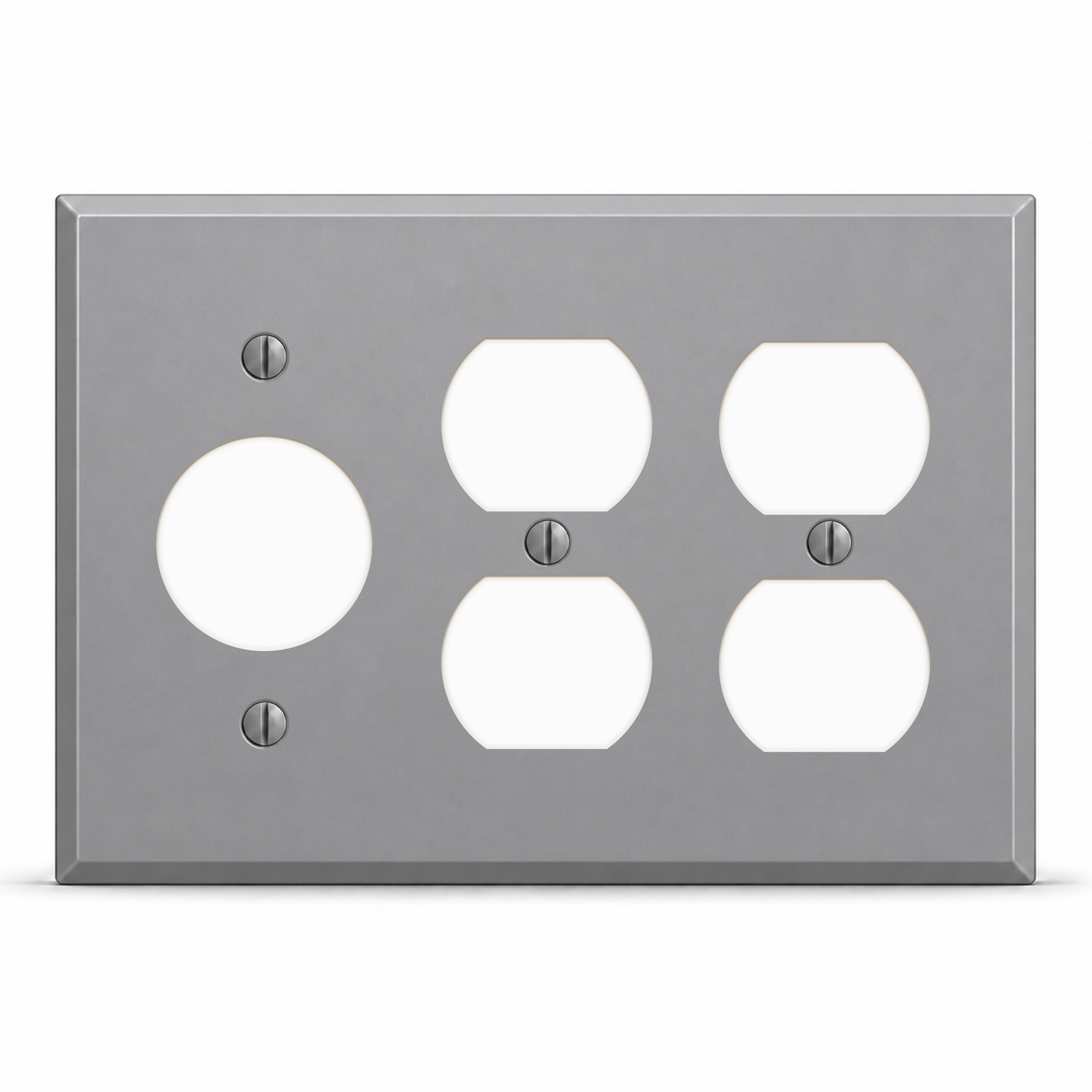 3-Gang, Standard Size, 1 Single Receptacle (1.405 in. ID), 2 Duplex Opening, Gray Semi-Gloss Finish, Painted Metal Wall Plate Outlet Cover - Made in USA