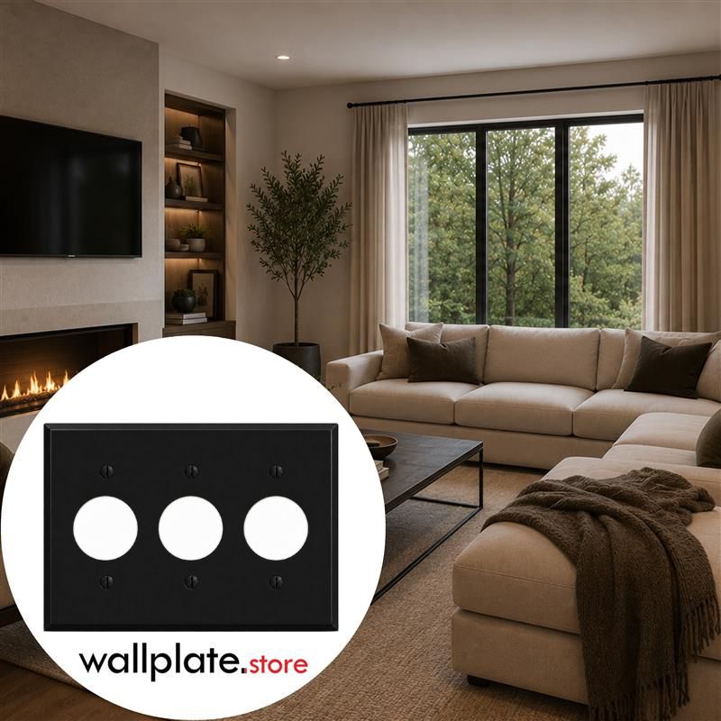 3-Gang, Standard Size, (3) Single Receptacle Openings (1.405 in.), Black Matte, Painted Metal Wall Plate Outlet Cover - Made in USA