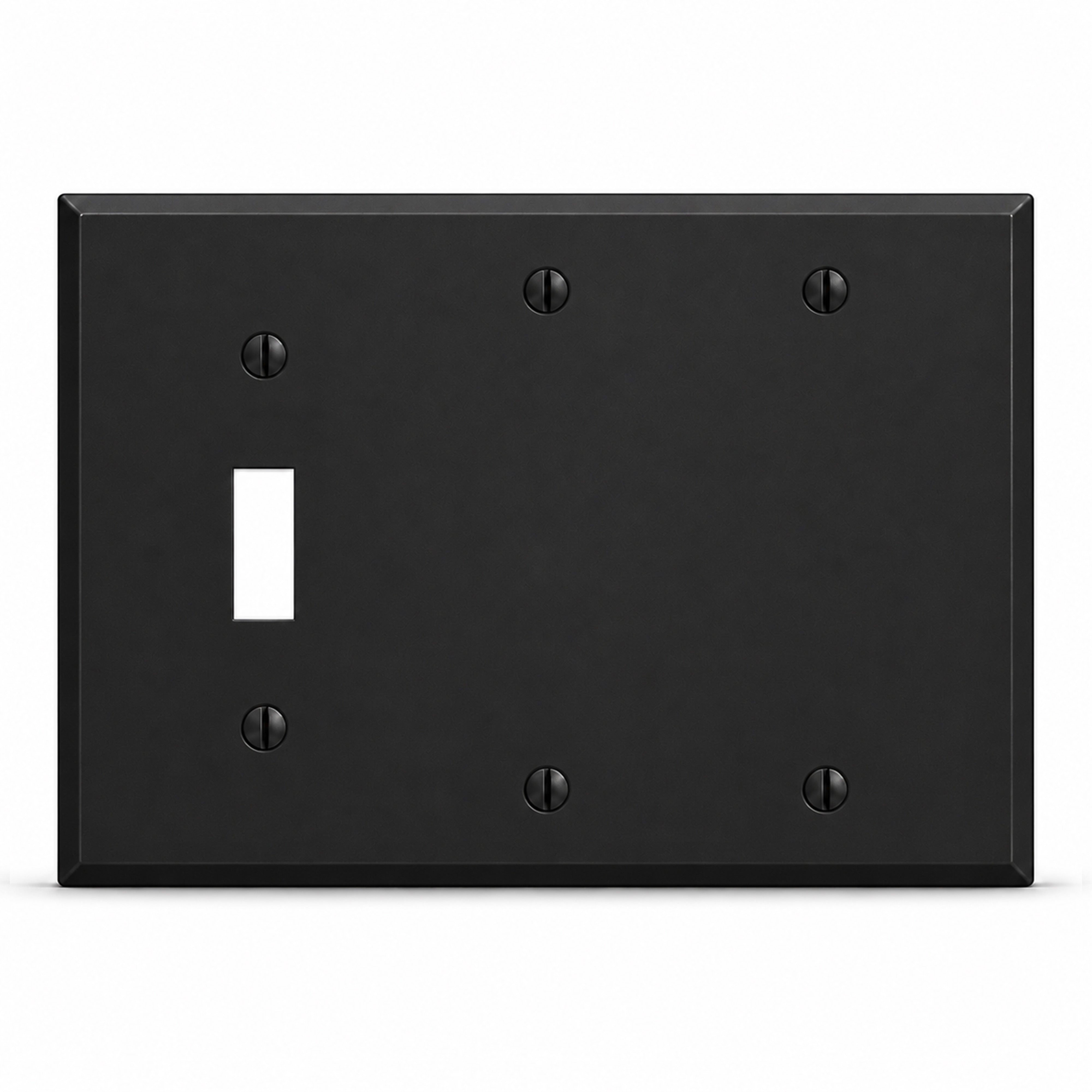 3-Gang, Standard Size, (1) Toggle, (2) Blank, Black Matte, Painted Metal Wall Plate Outlet Cover - Made in USA