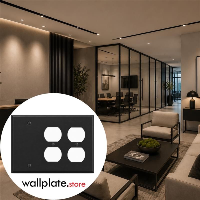 3-Gang, Standard Size, (1) Blank, (2) Duplex, Black Matte, Painted Metal Wall Plate Outlet Cover - Made in USA