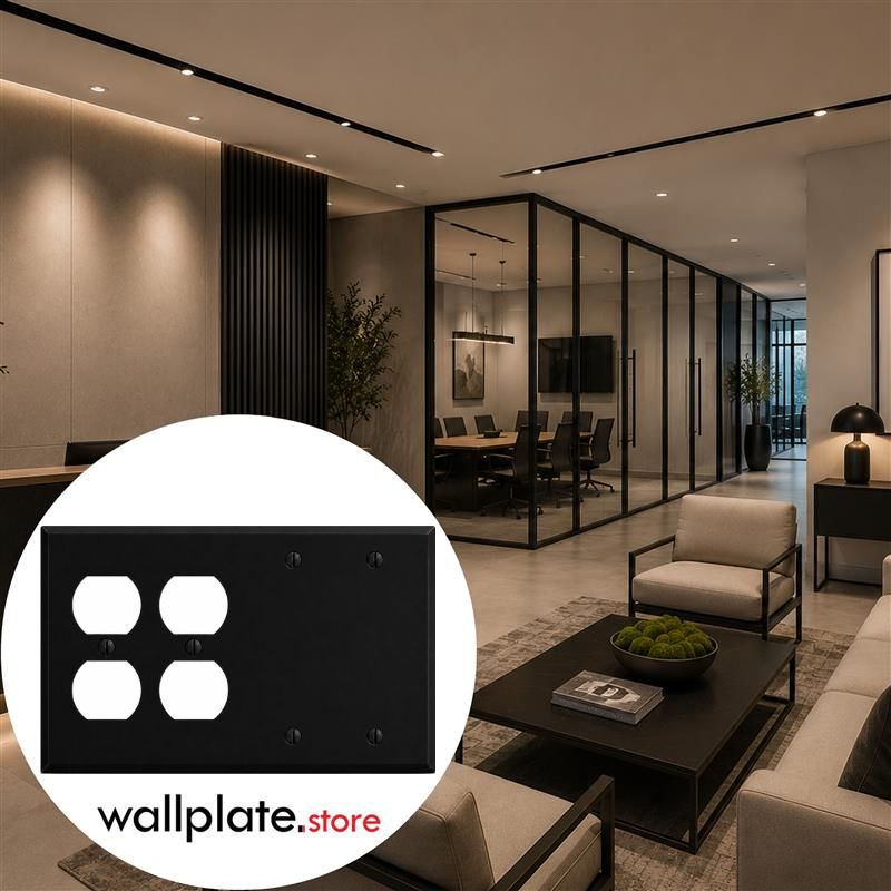 4-Gang, Standard Size, (2) Duplex, (2) Blank, Black Matte, Painted Metal Wall Plate Outlet Cover - Made in USA