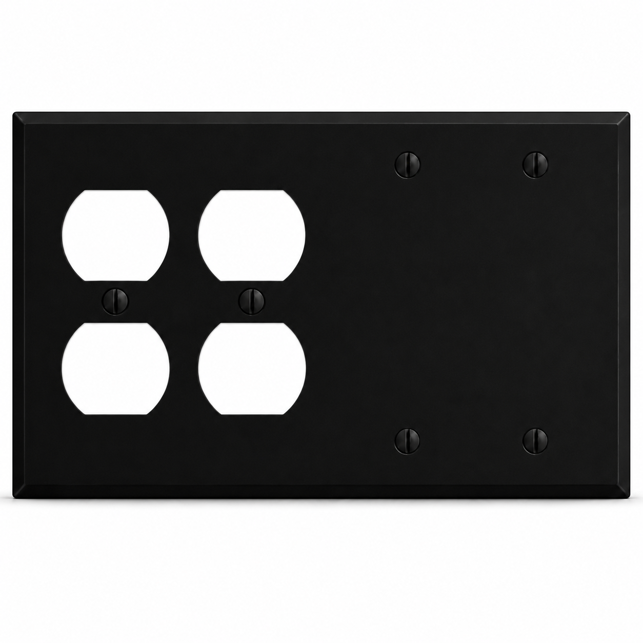 4-Gang, Standard Size, (2) Duplex, (2) Blank, Black Matte, Painted Metal Wall Plate Outlet Cover - Made in USA