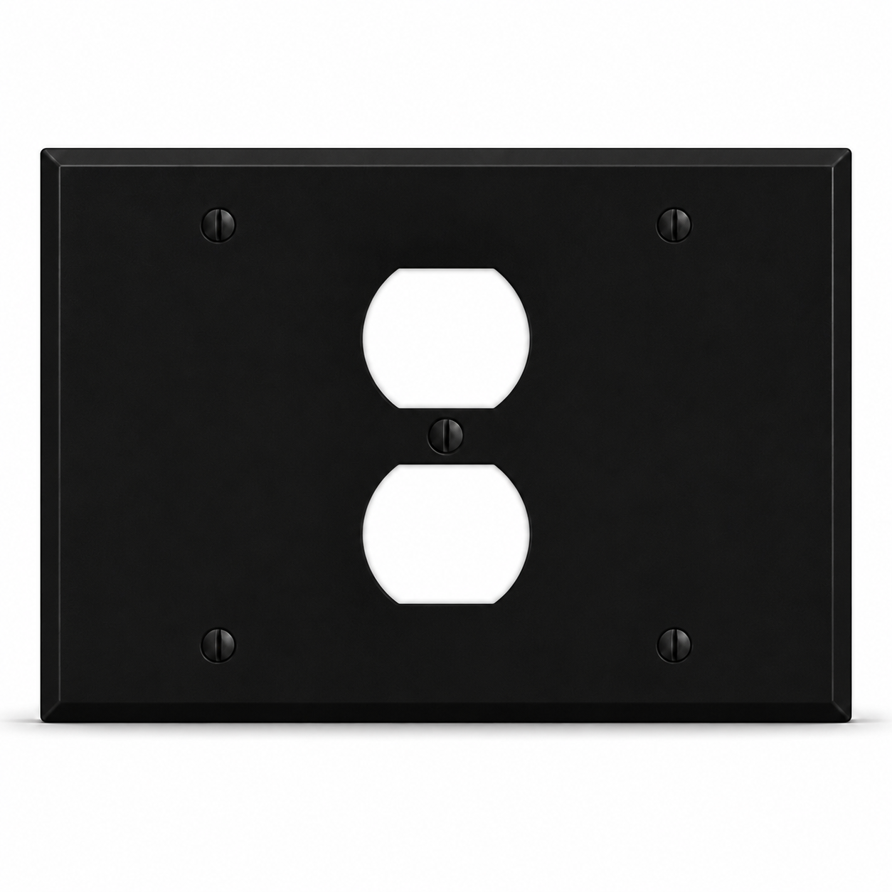 3-Gang, Standard Size, (1) Blank, (1) Duplex, (1) Blank, Black Matte, Painted Metal Wall Plate Outlet Cover - Made in USA