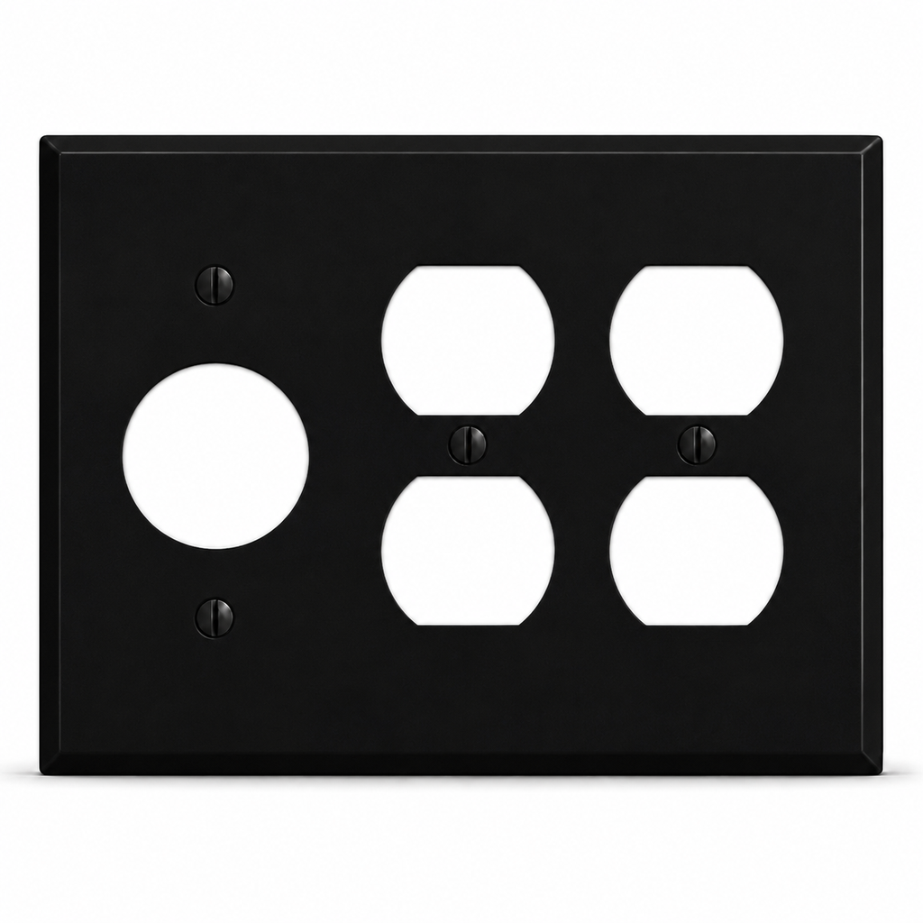 3-Gang, Standard Size, 1 Single Receptacle Opening (1.405 in. ID), 2 Duplex Openings, Black Matte Finish, Painted Metal Wall Plate Outlet Cover - Made in USA
