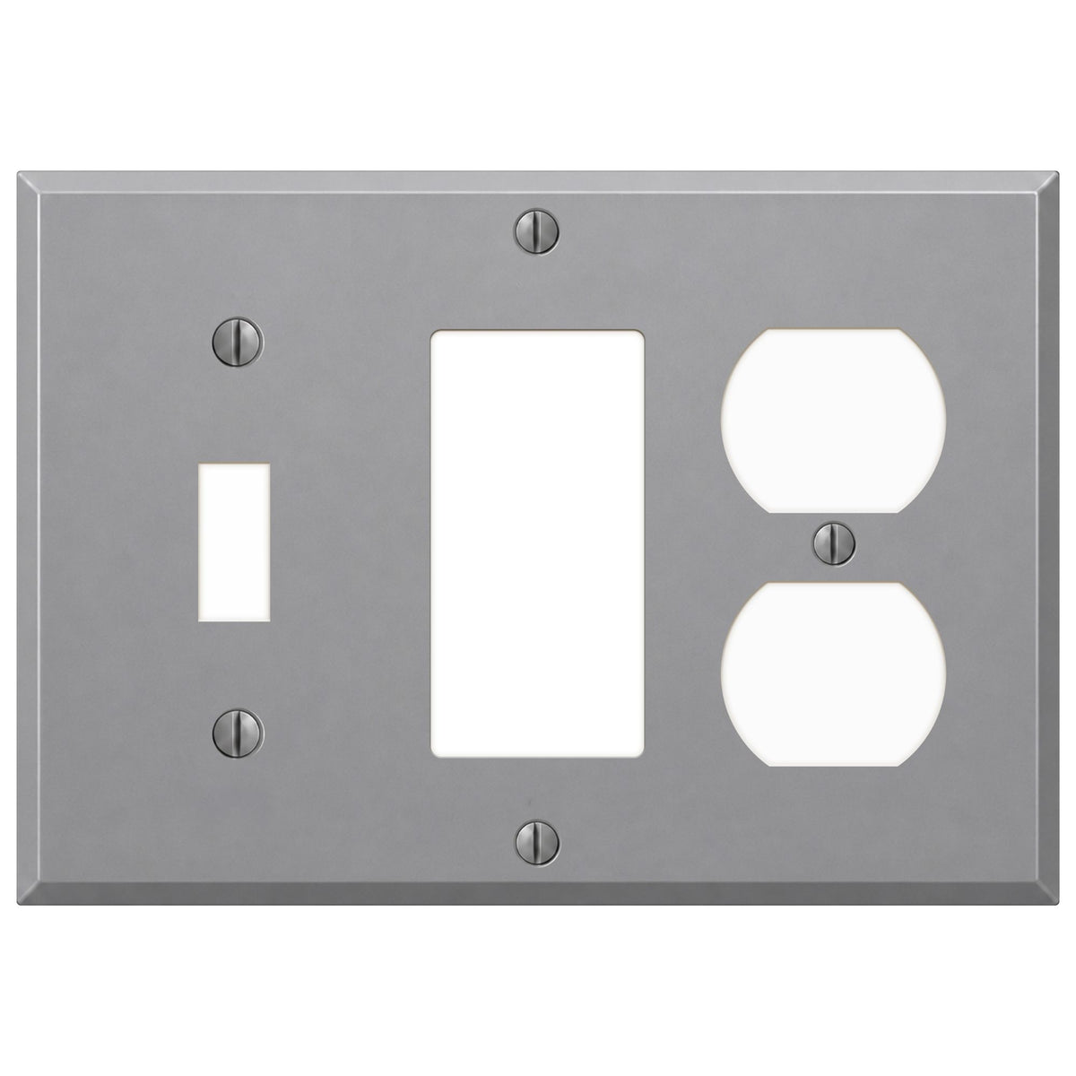 3-Gang, Standard Size, 1 Toggle Switch, 1 GFI Opening, and 1 Duplex Opening, Gray Semi-Gloss Finish, Painted Metal Wall Plate Outlet Cover - Made in USA