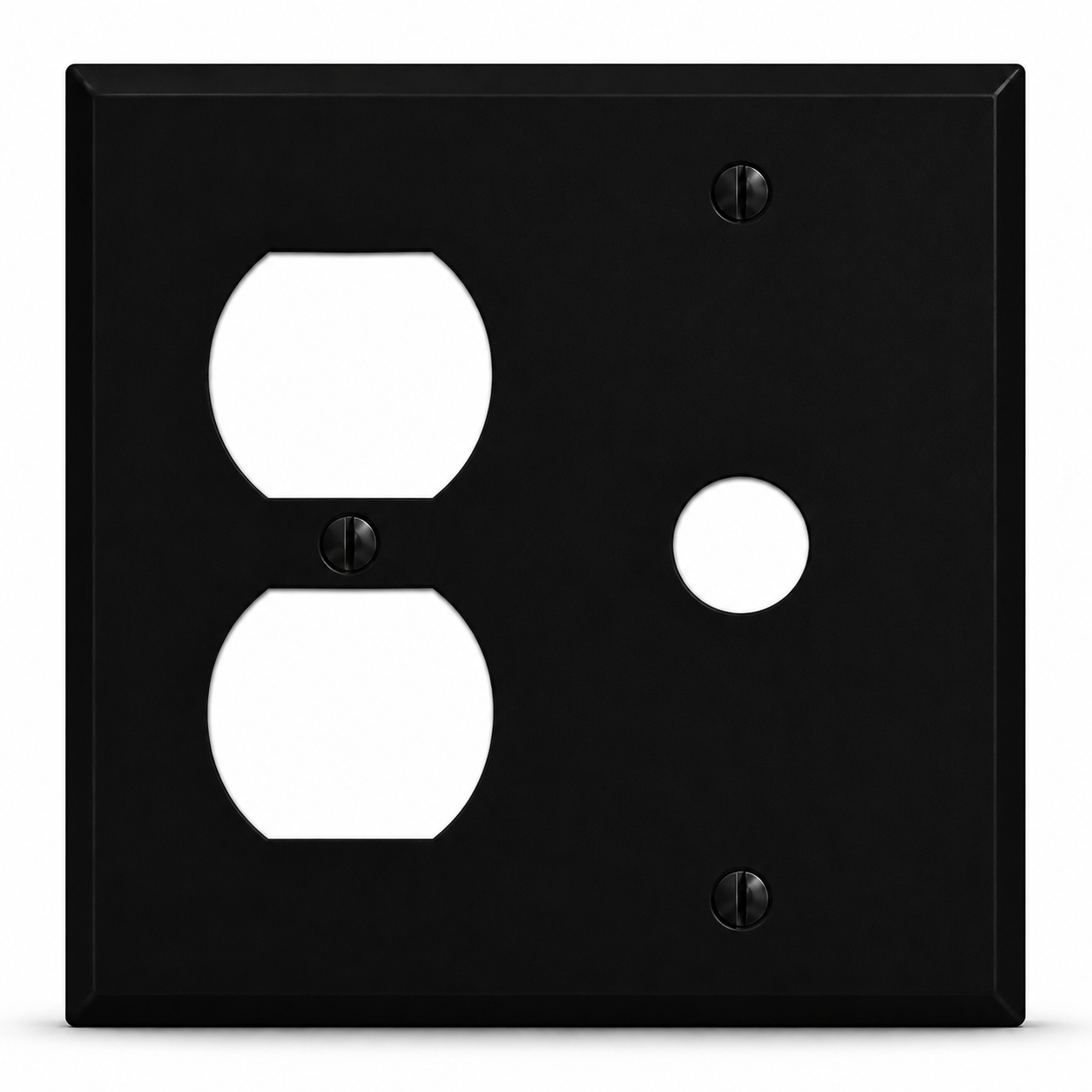 2-Gang, Standard Size, 1 Duplex Receptacle, 1 Telephone Opening (5/8 in. ID), Black Matte, Painted Metal Wall Plate Outlet Cover – Made in USA
