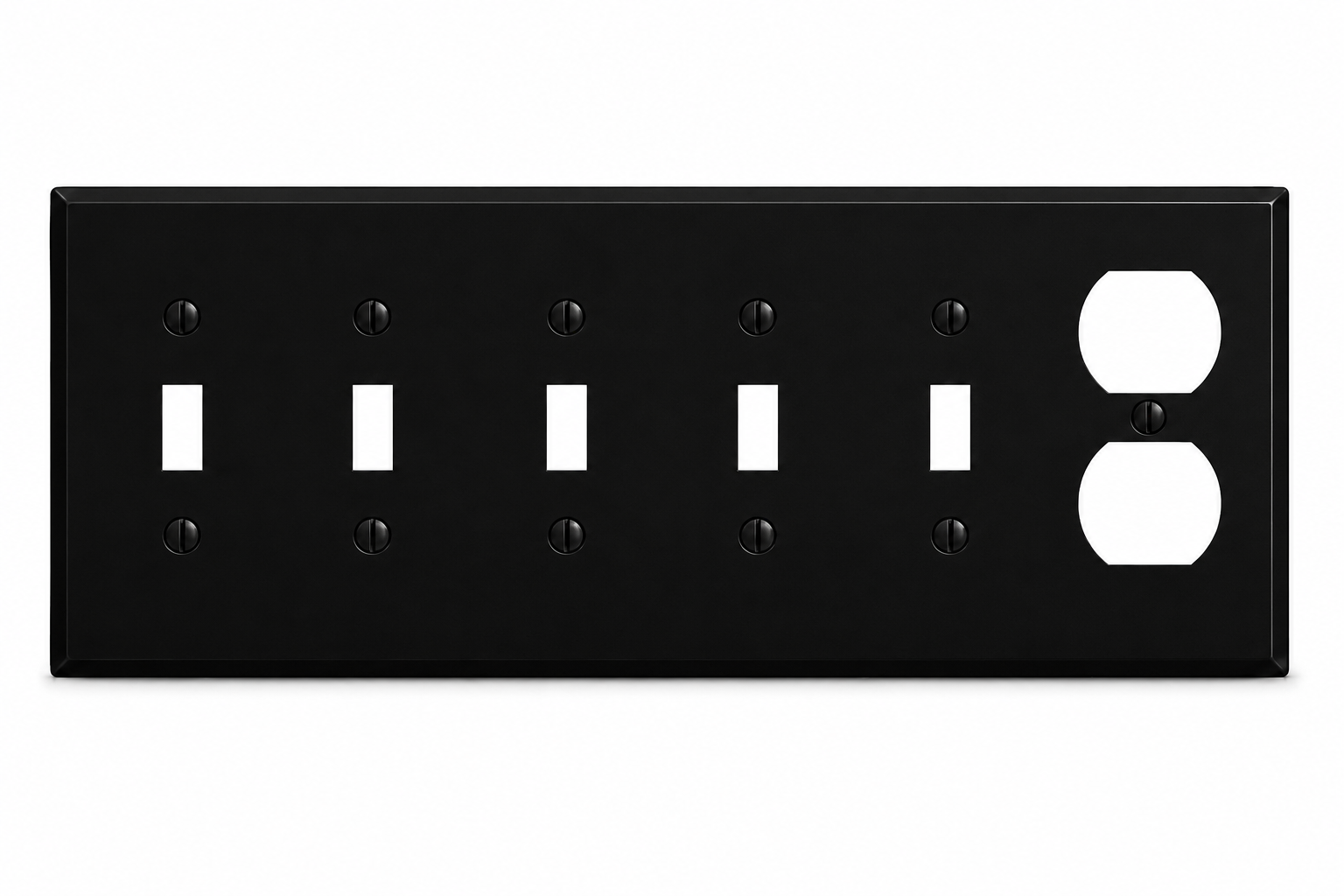 5-Gang, Standard Size, 3 Toggle Switches, 2 Duplex Receptacles, Black Matte, Painted Metal Wall Plate Outlet Cover – Made in USA