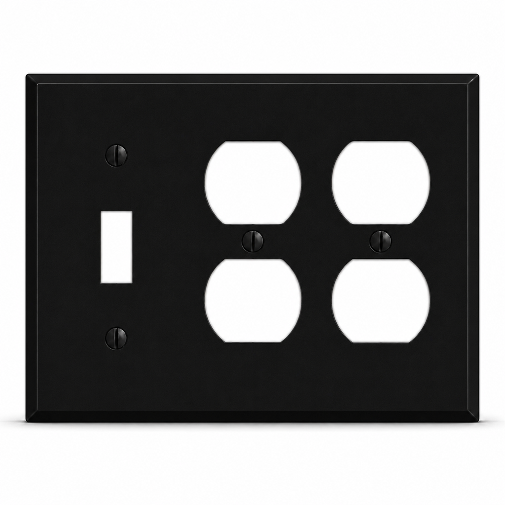 3-Gang, Standard Size, 1 Toggle Switch, 2 Duplex Openings, Black Matte, Painted Metal Wall Plate Outlet Cover - Made in USA