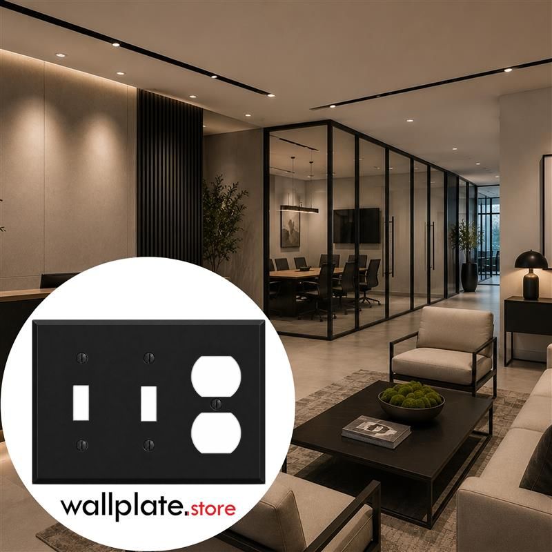 3-Gang, Standard Size, (2) Toggle Switches and (1) Duplex Receptacle Opening, Black Matte, Painted Metal Wall Plate Outlet Cover - Made in USA