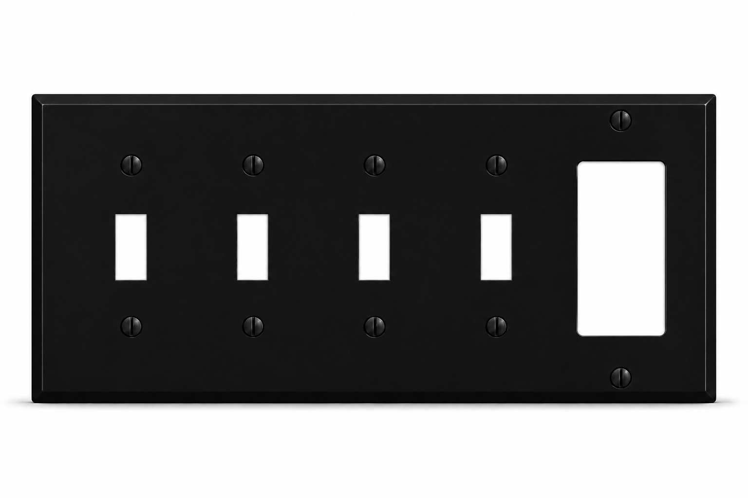 5-Gang, Standard Size, (4) Toggle, (1) GFI, Black Matte, Painted Metal Wall Plate Outlet Cover - Made in USA