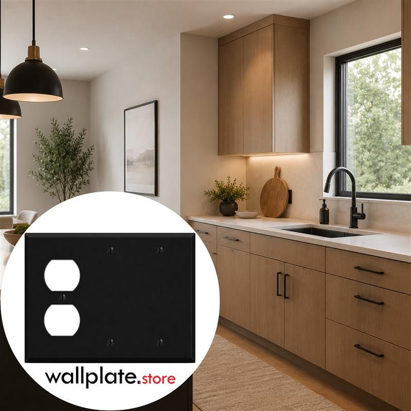 3-Gang, Standard Size, (1) Duplex, (2) Blank, Black Matte, Painted Metal Wall Plate Outlet Cover - Made in USA