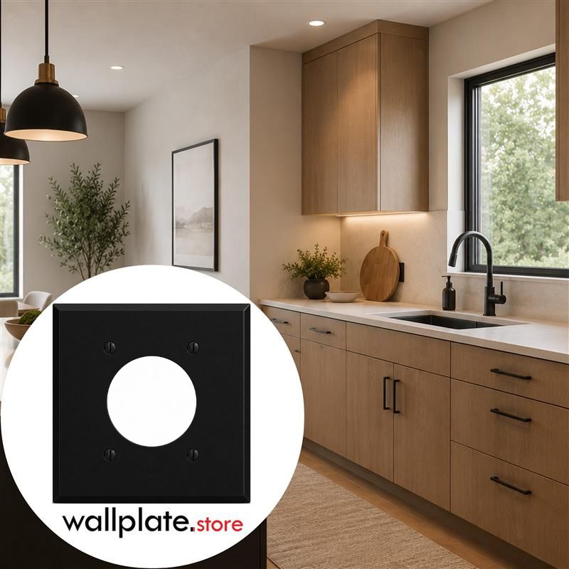 2-Gang, Standard Size, Offset 30/50/60A 4-Wire Round Receptacle Opening (2.275 in. ID), Black Matte, Painted Metal Wall Plate Outlet Cover - Made in USA
