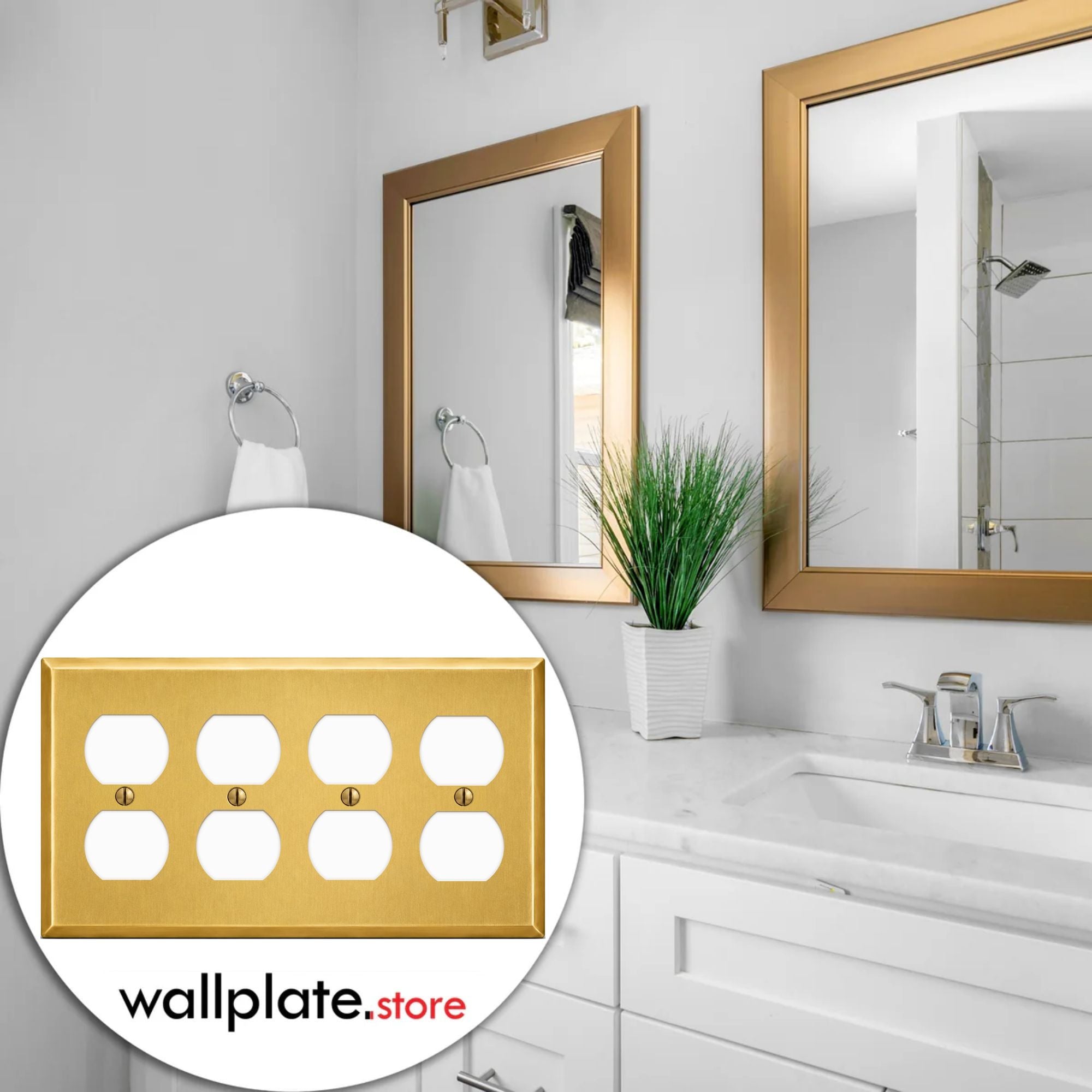 4-Gang, Standard Size, 4 Duplex Receptacles, Satin Brass Finish Wall Plate Outlet Cover - Made in USA