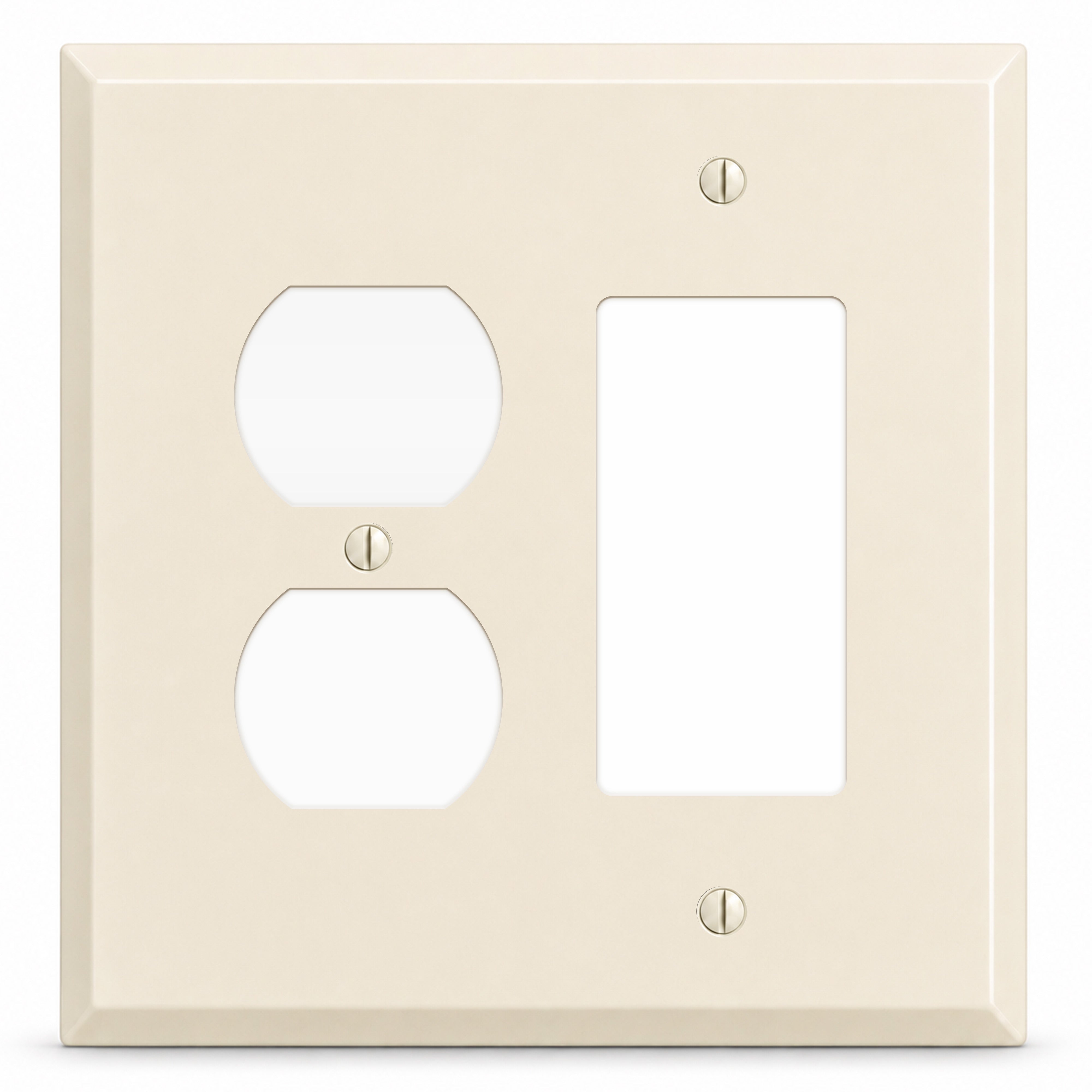 2-Gang, Oversize, 1 Duplex Outlet, 1 GFI Opening, Ivory Semi-Gloss Finish, Painted Metal Wall Plate Outlet Cover - Made in USA