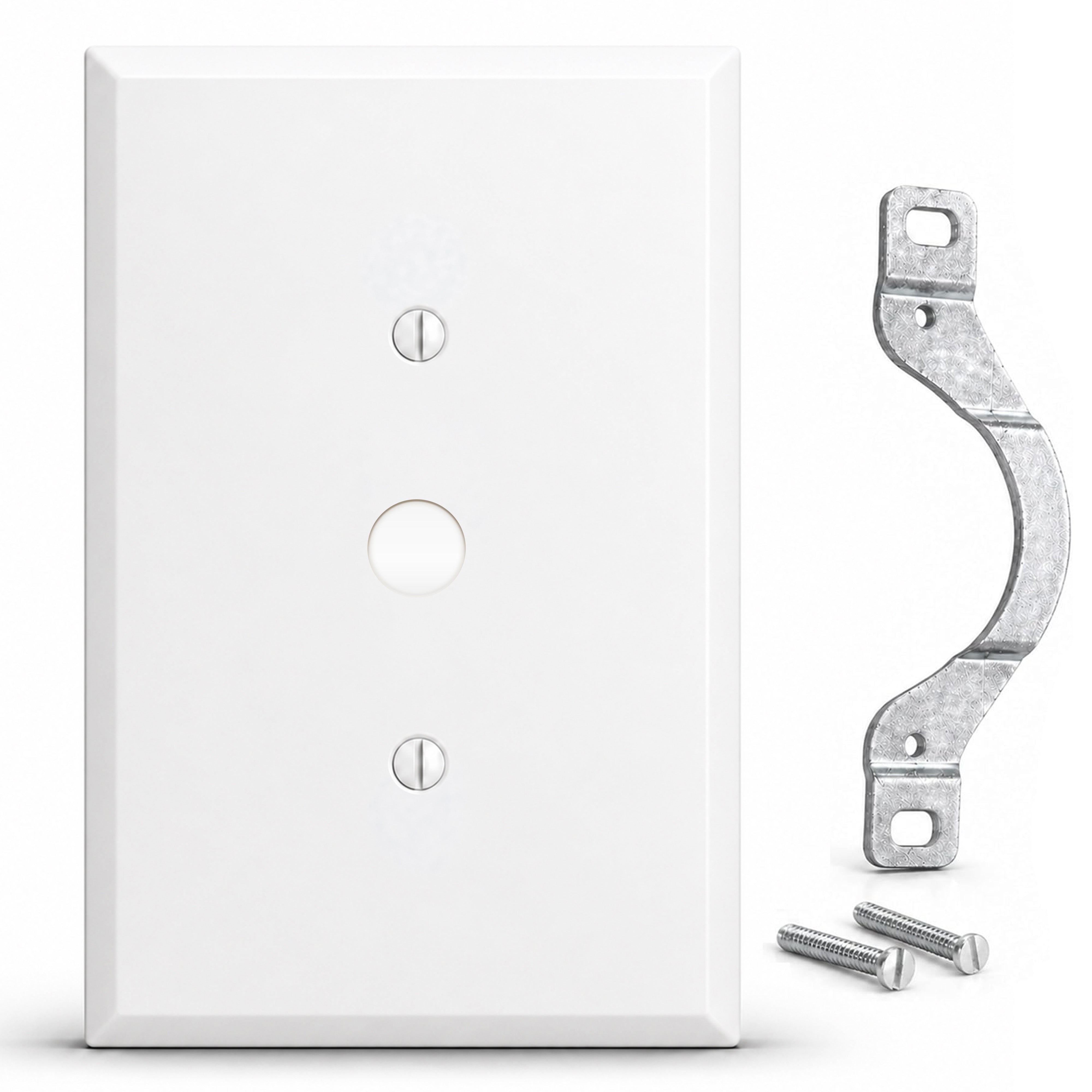 1-Gang, Oversize Size, Telephone Opening (0.375" ID) with Grommet and Mounting Strap, White Semi-Gloss Finish, Painted Metal Wall Plate Cover - Made in USA