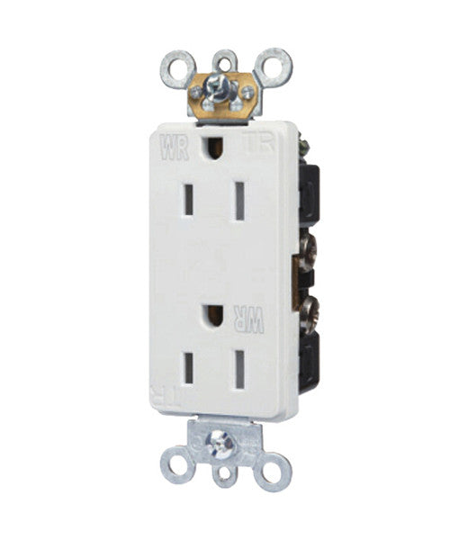 Decorator White Duplex Receptacle 15A-125V, Tamper & Weather Resistant