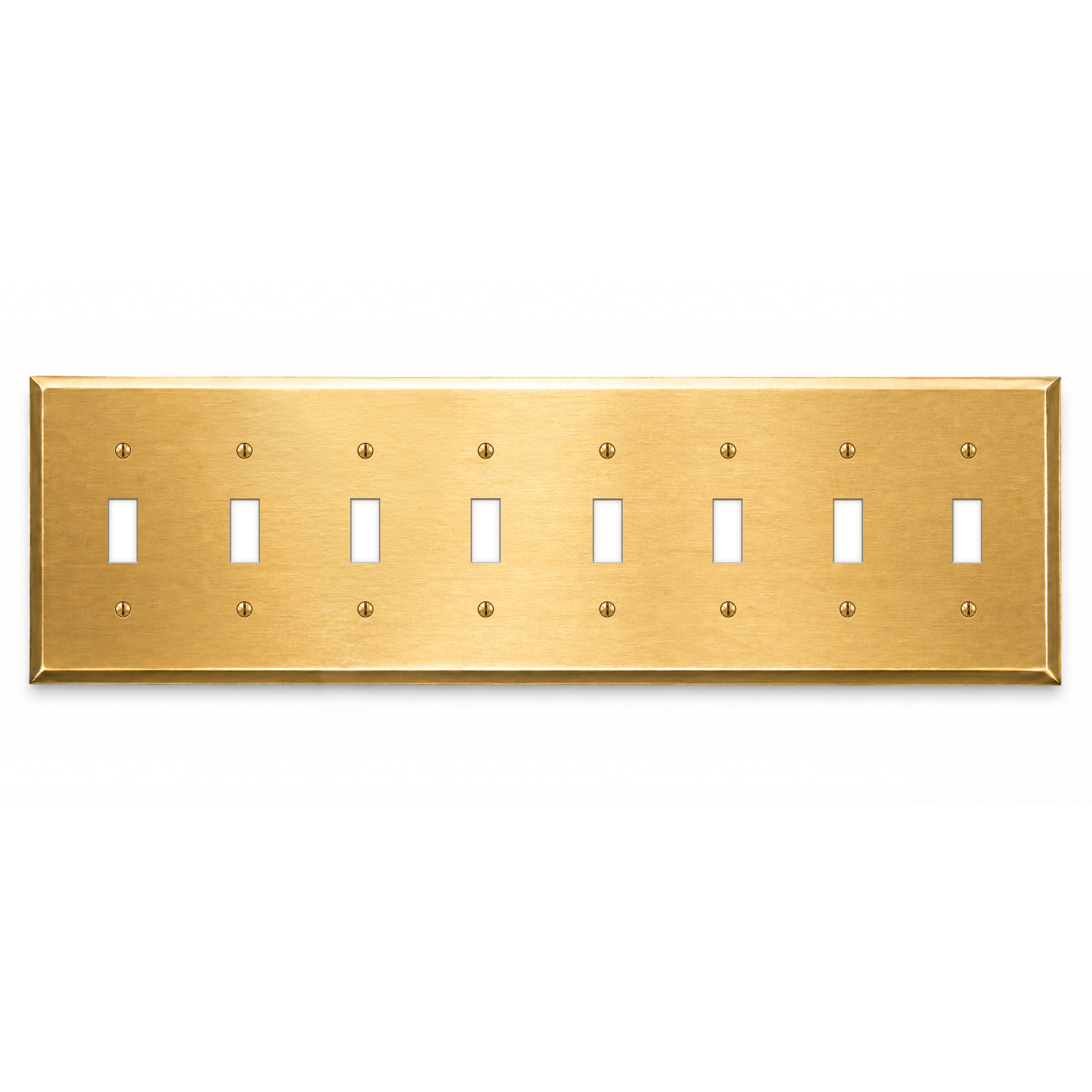 8-Gang, Standard Size, 8 Toggle Switch Openings, Satin Brass Finish, Solid Brass Wall Plate Outlet Cover - Made in USA