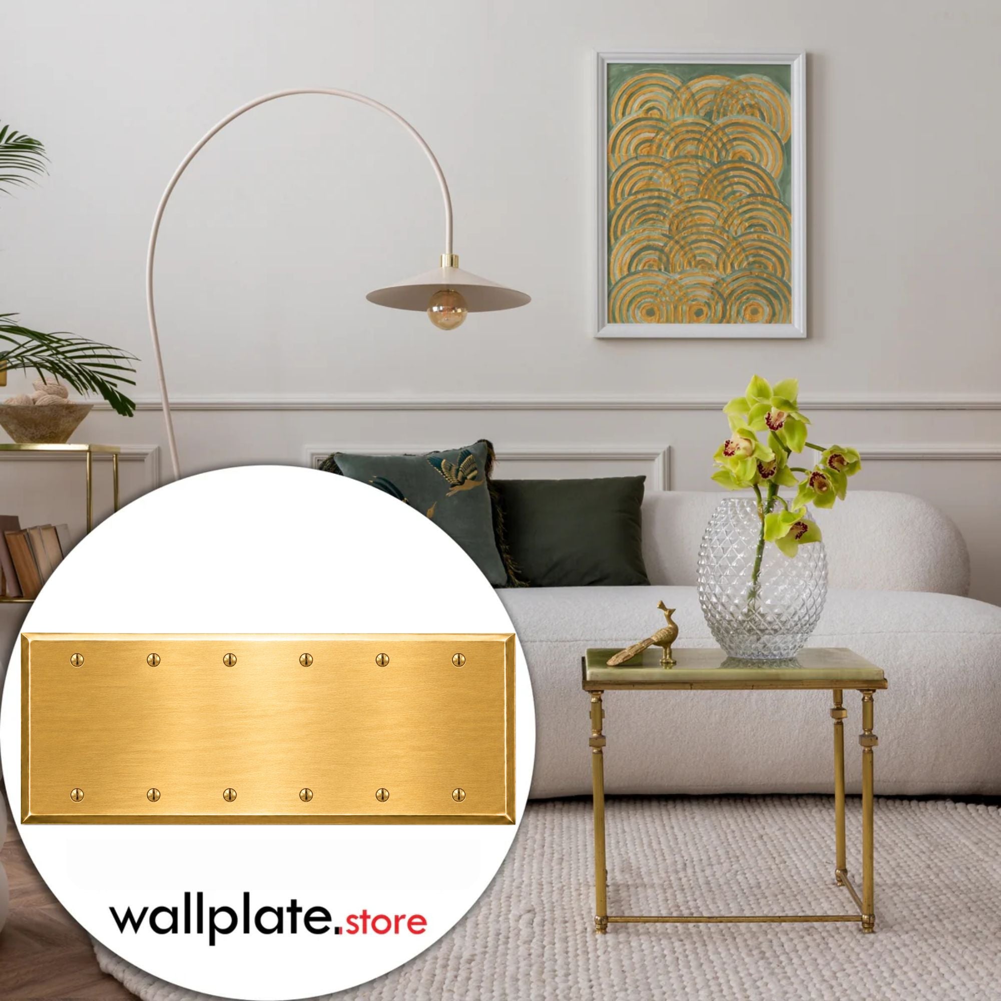 6-Gang, Standard Size, 6 Blank Openings, Satin Brass Finish, Metal Wall Plate Outlet Cover - Made in USA