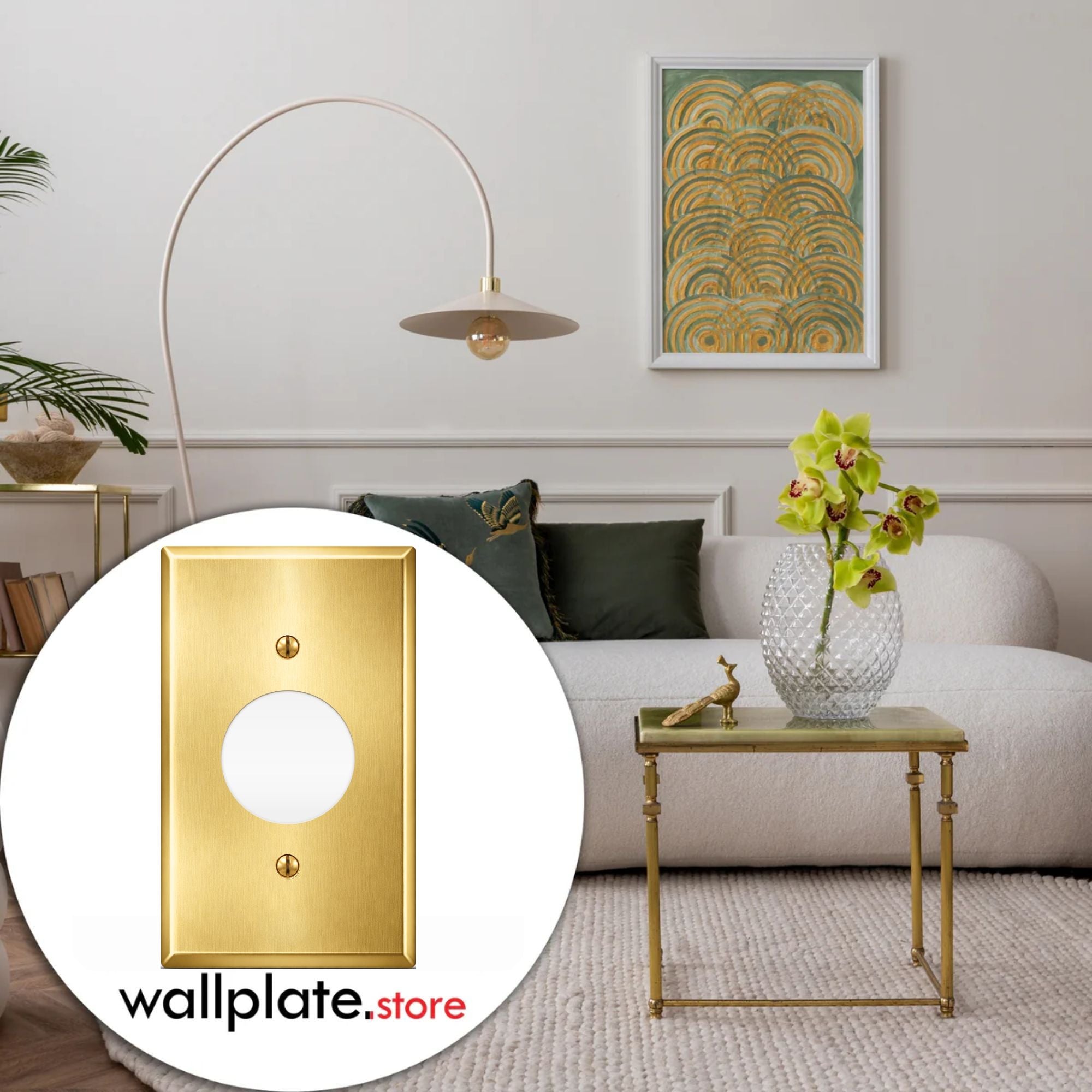 1-Gang, Standard Size, Single Receptacle Opening, Satin Brass Finish, Solid Brass Wall Plate Outlet Cover - Made in USA