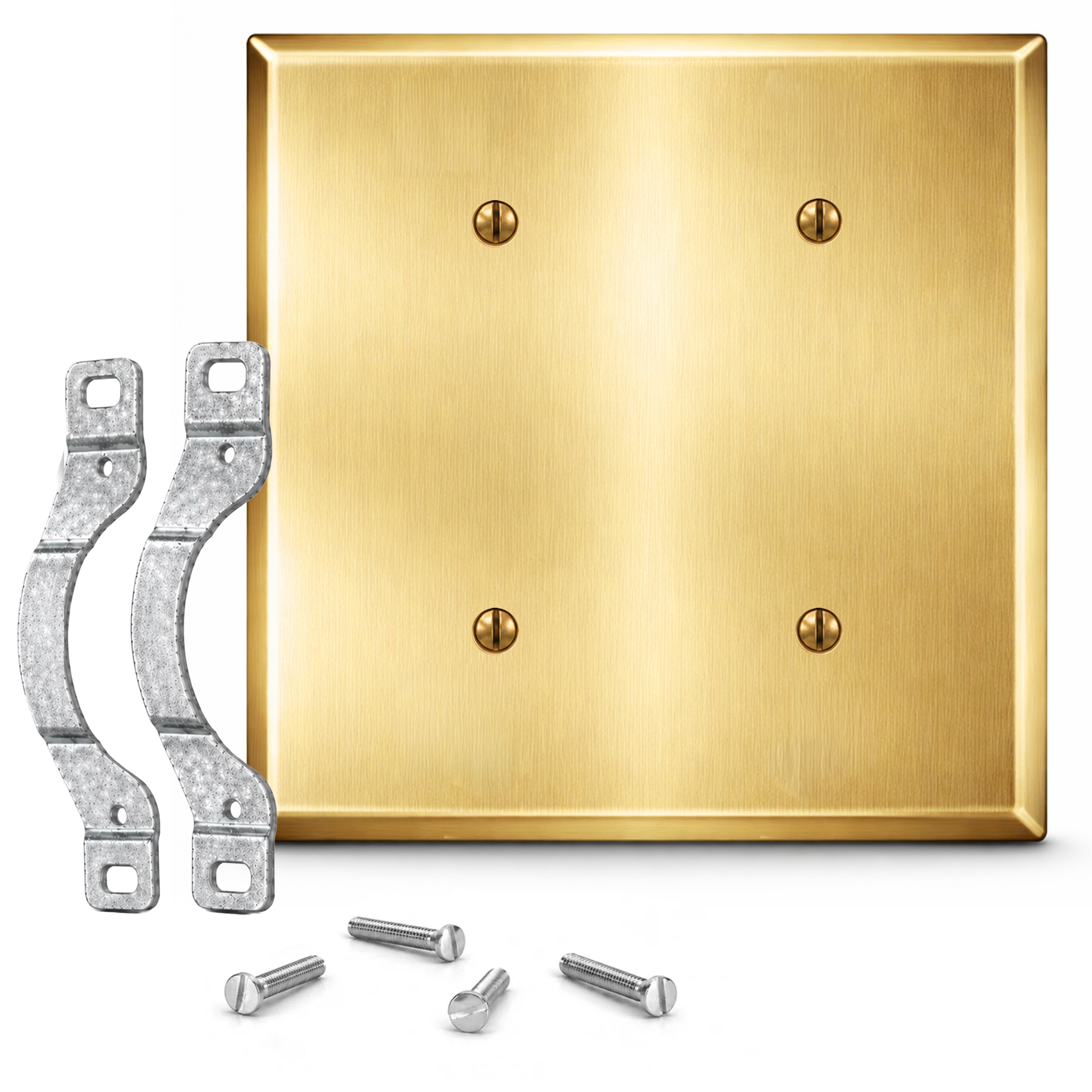 2-Gang, Standard Size, 2 Blank Openings with Mounting Straps, Satin Brass Finish, Metal Wall Plate Outlet Cover - Made in USA