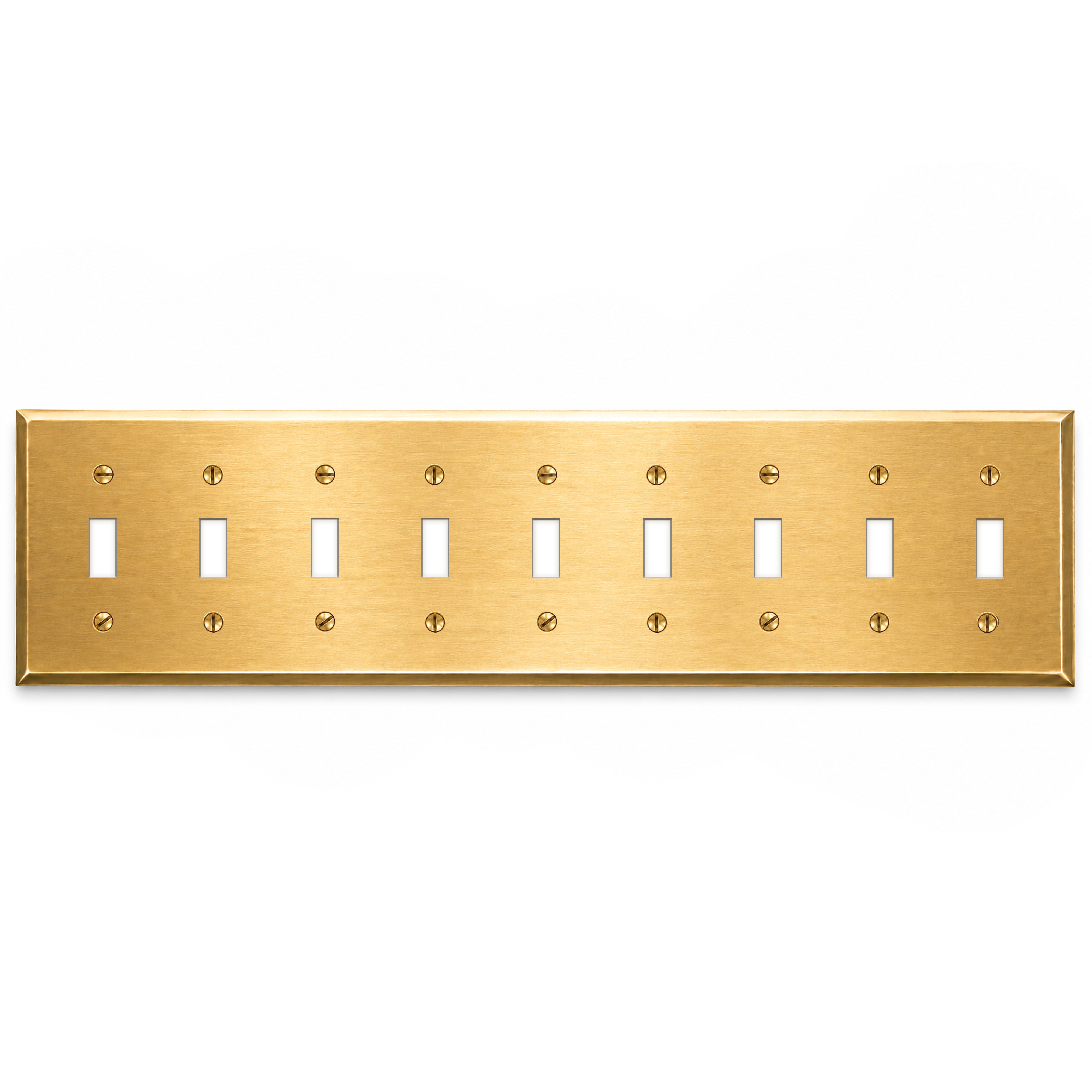 9-Gang, Standard Size, 9 Toggle Switch Openings, Satin Brass Finish, Solid Brass Wall Plate Outlet Cover - Made in USA
