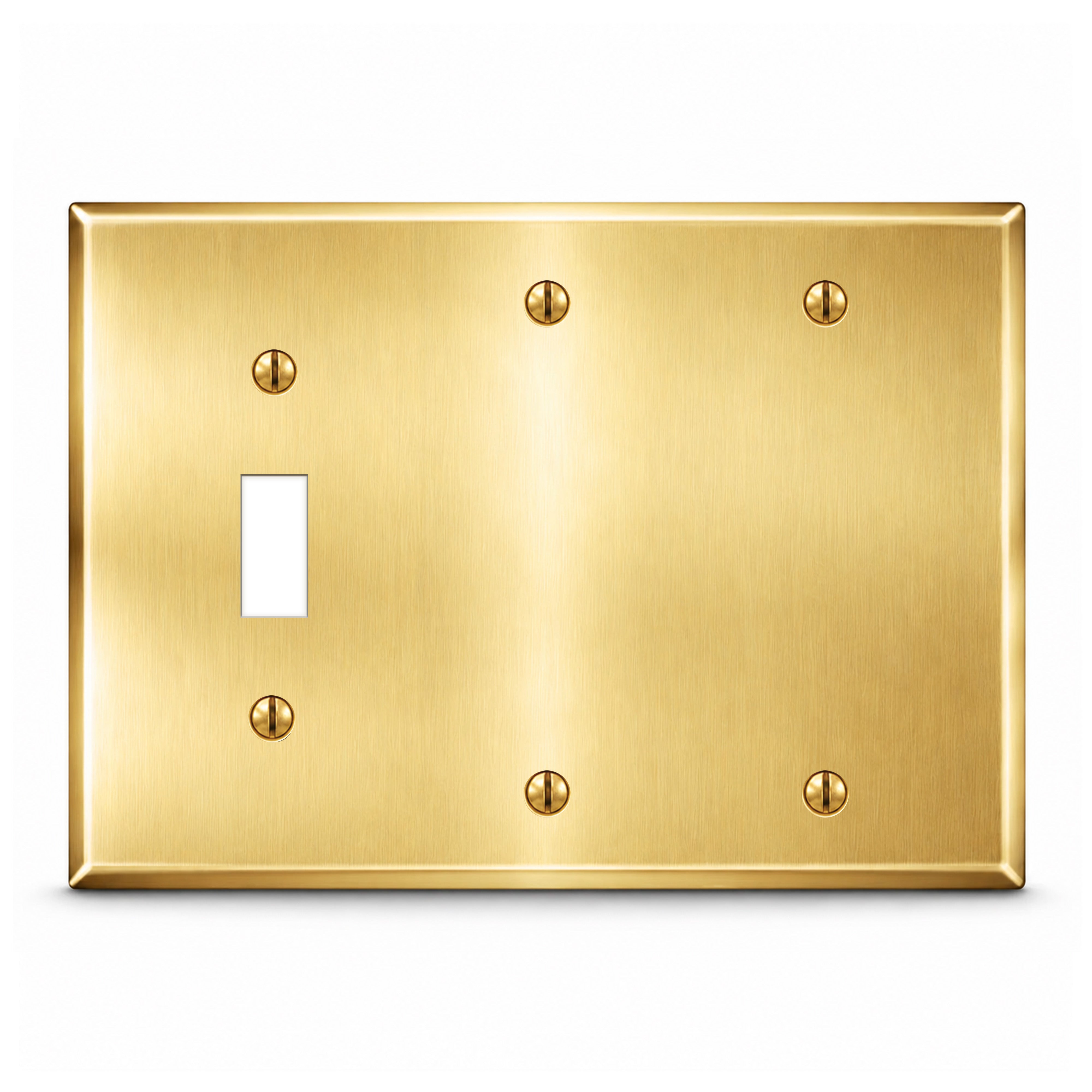 3-Gang, Standard Size, 1 Toggle Switch, 2 Blank Openings, Satin Brass Finish, Metal Wall Plate Outlet Cover - Made in USA
