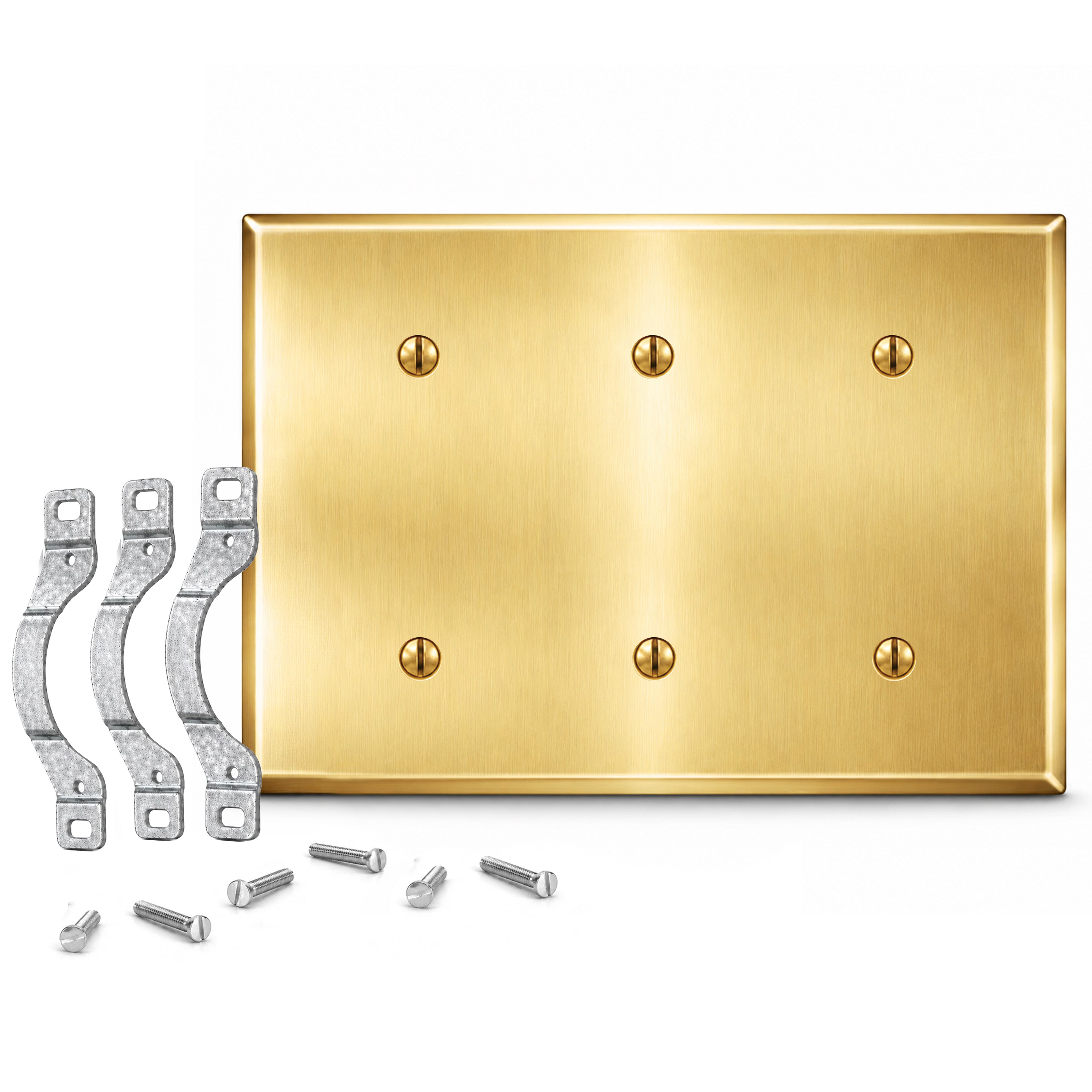 3-Gang, Standard Size, 3 Blank Openings with Mounting Straps, Satin Brass Finish, Metal Wall Plate Outlet Cover - Made in USA