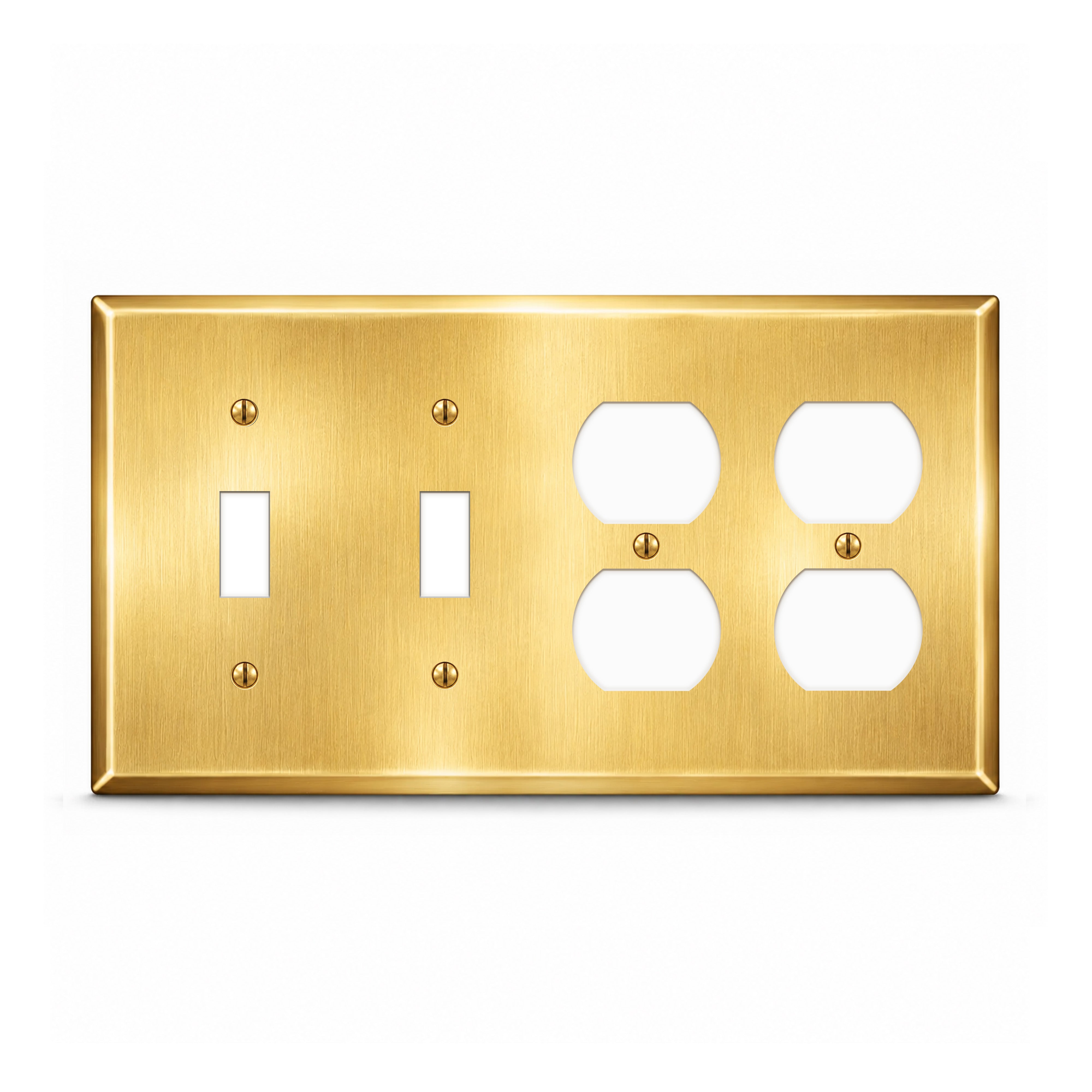 4-Gang Wallplate, Standard Size, (2) Toggle & (2) Duplex Openings, Satin Brass Finish Metal Outlet Cover - Made in USA