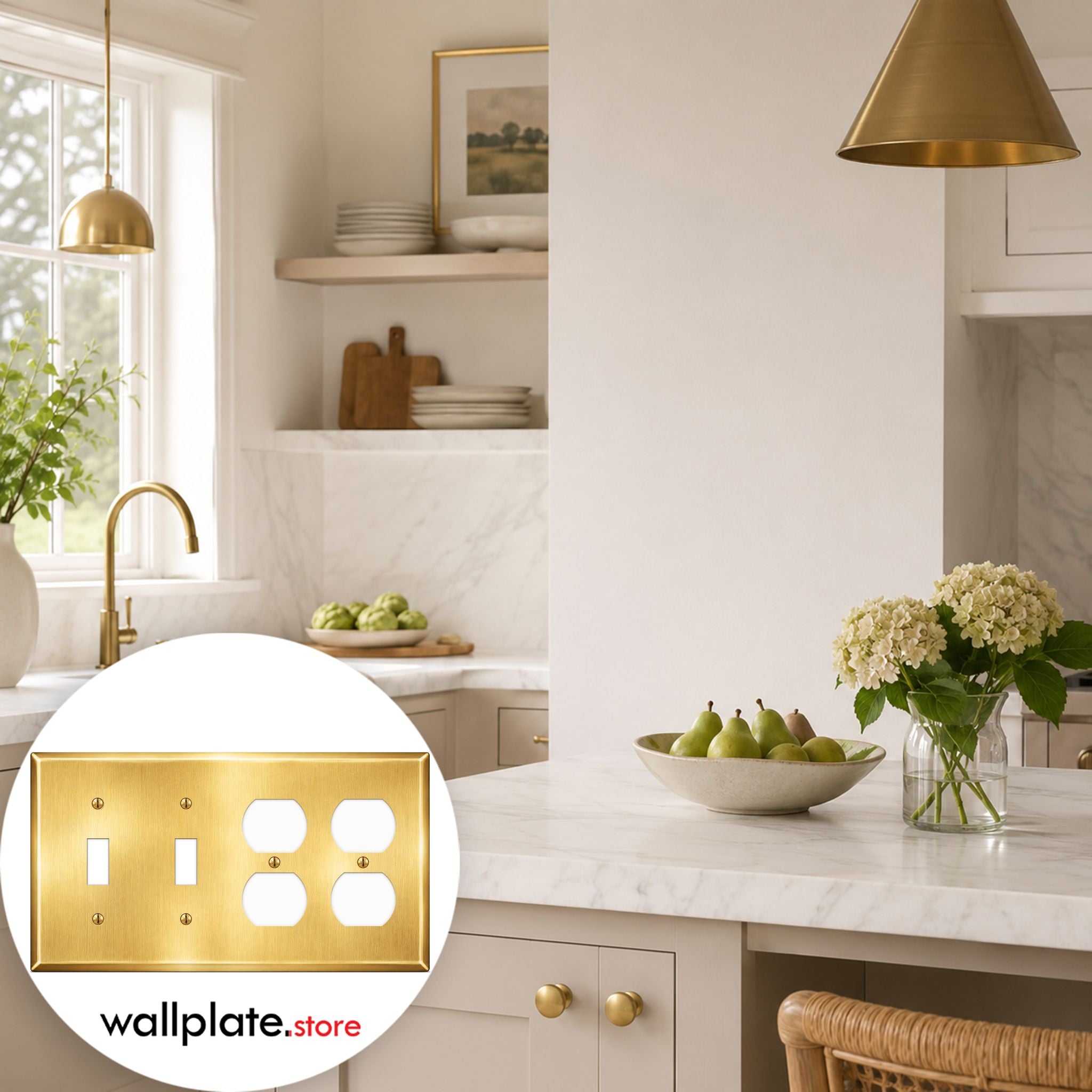4-Gang Wallplate, Standard Size, (2) Toggle & (2) Duplex Openings, Satin Brass Finish Metal Outlet Cover - Made in USA