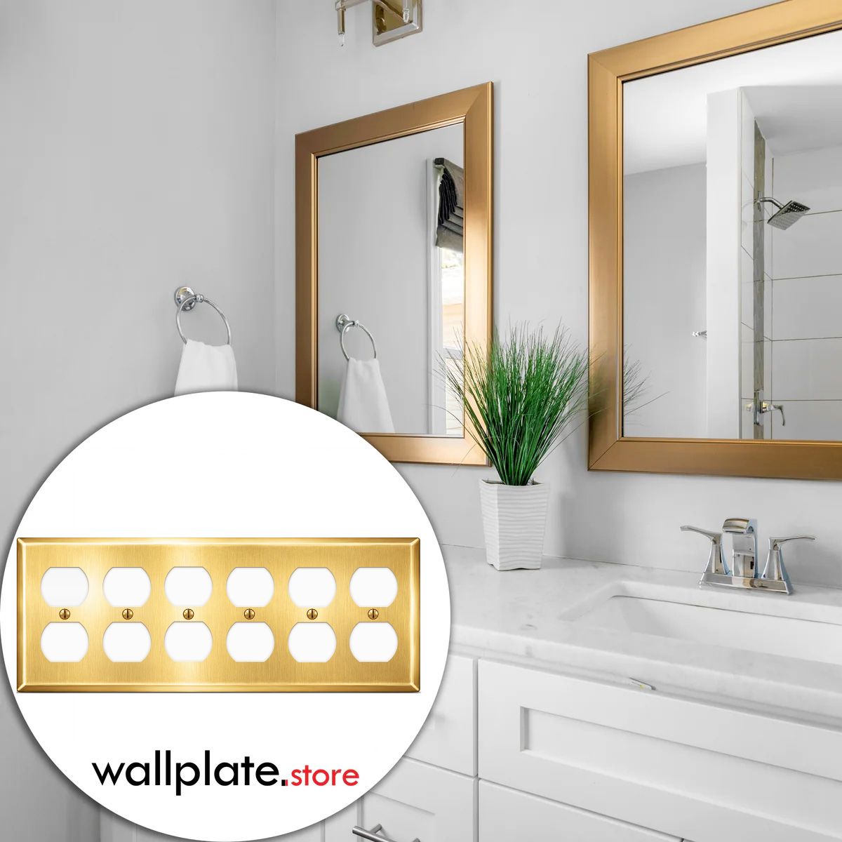 6-Gang, Standard Size, 6 Duplex Openings, Satin Brass Finish, Solid Brass Wall Plate Outlet Cover - Made in USA