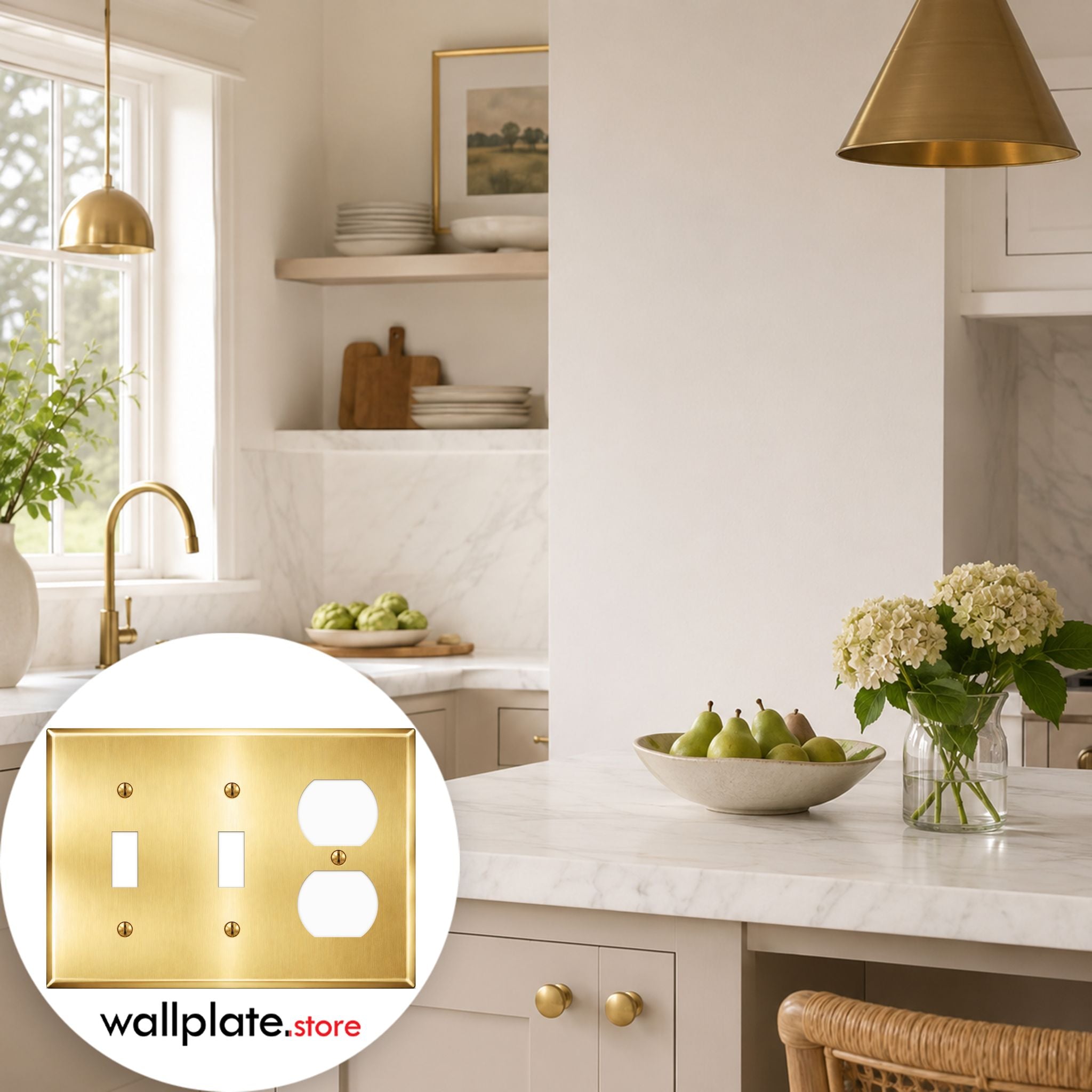 3-Gang, Standard Size, 2 Toggle, 1 Duplex Opening, Satin Brass Finish, Metal Wall Plate Outlet Cover - Made in USA