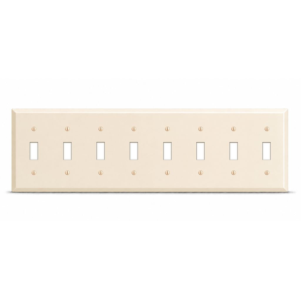 8-Gang, Standard Size, (8) Toggle Openings, Almond Semi-Gloss Finish, Metal Wall Plate Outlet Cover - Made in USA