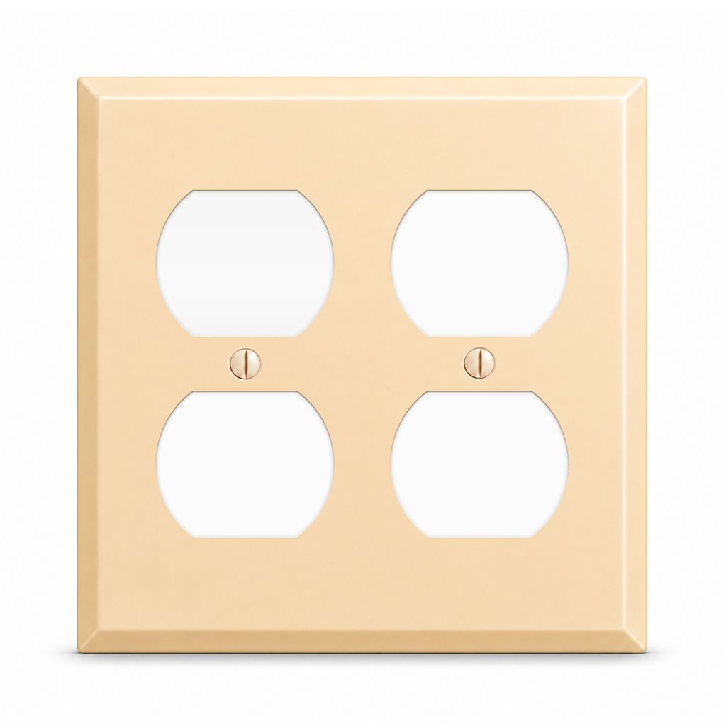 2-Gang, Standard Size, (2) Duplex Openings, Almond Semi-Gloss Finish, Metal Wall Plate Outlet Cover - Made in USA